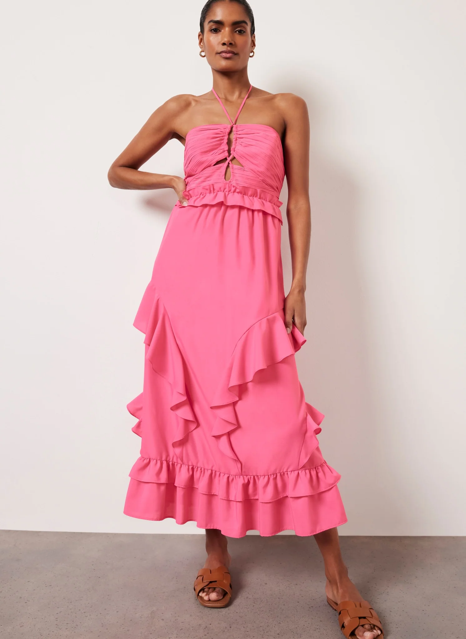 Pink Ruffle Halter Midi Dress - Image 5