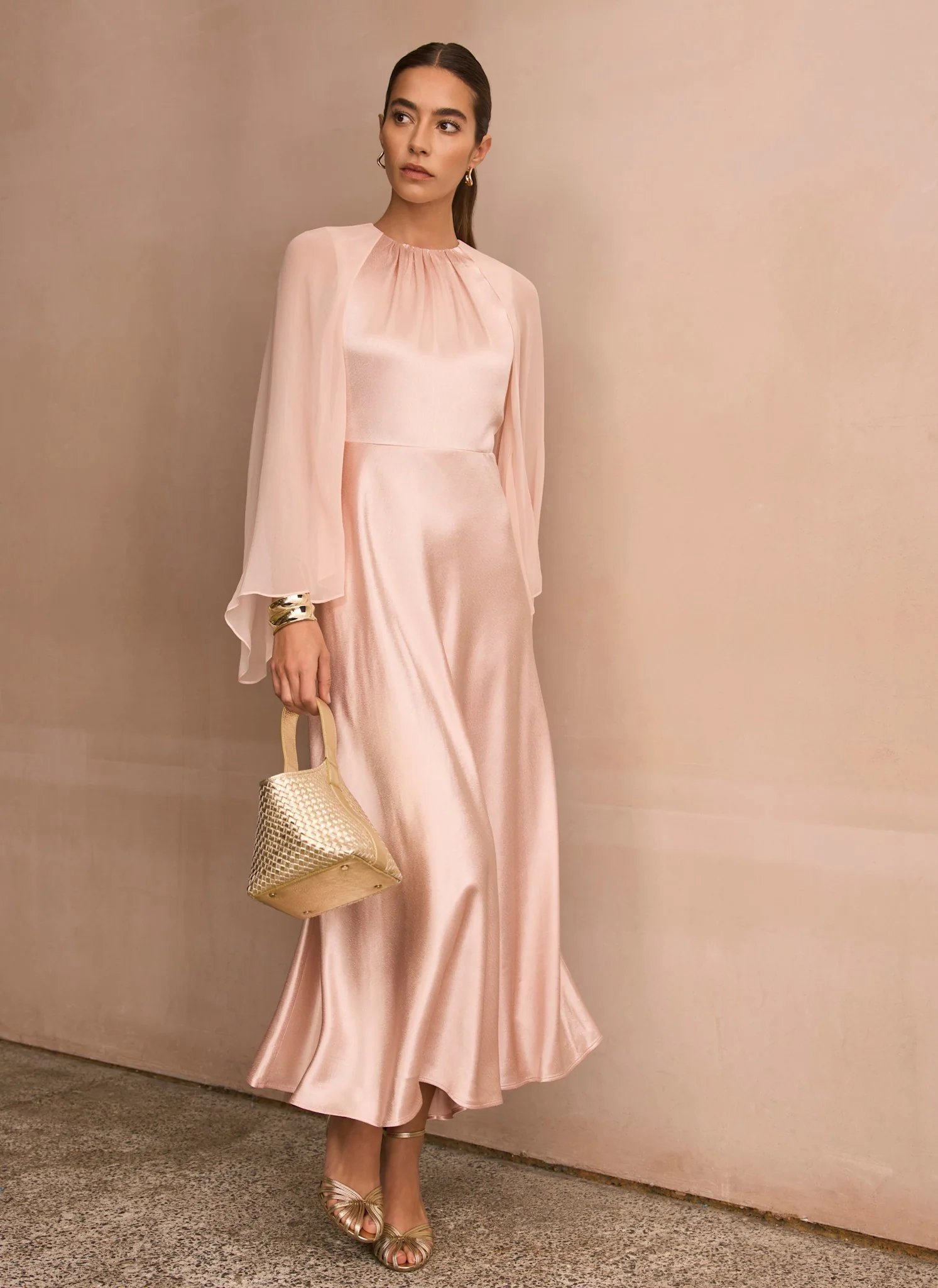Pink Satin Cape Maxi Dress - Image 2