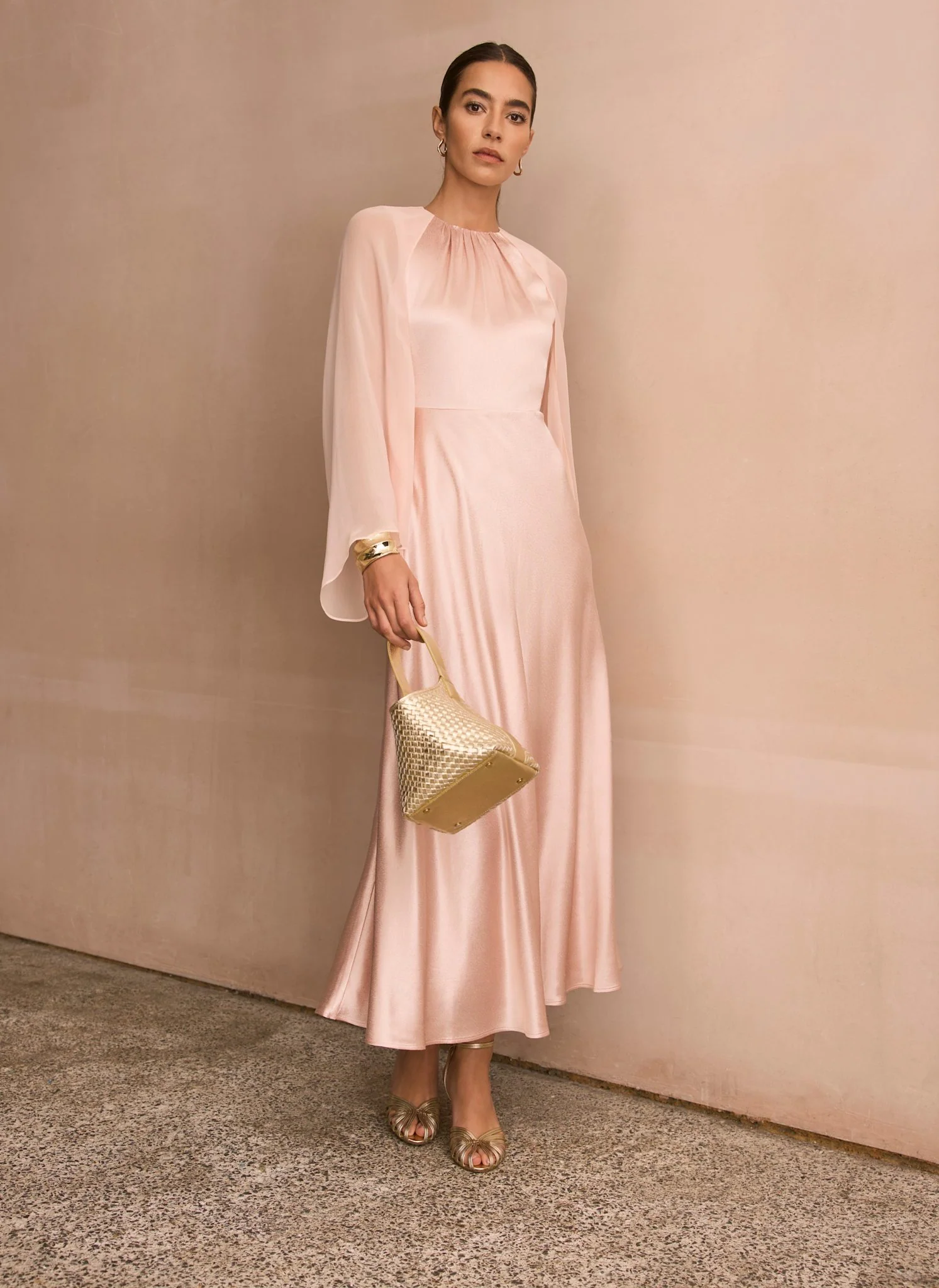Pink Satin Cape Maxi Dress - Image 5