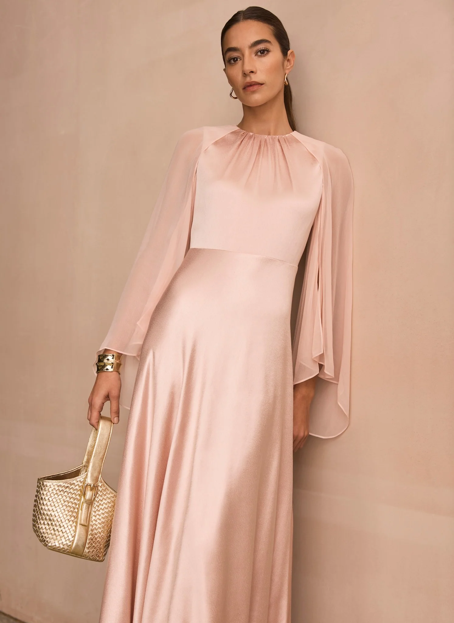 Pink Satin Cape Maxi Dress - Image 6