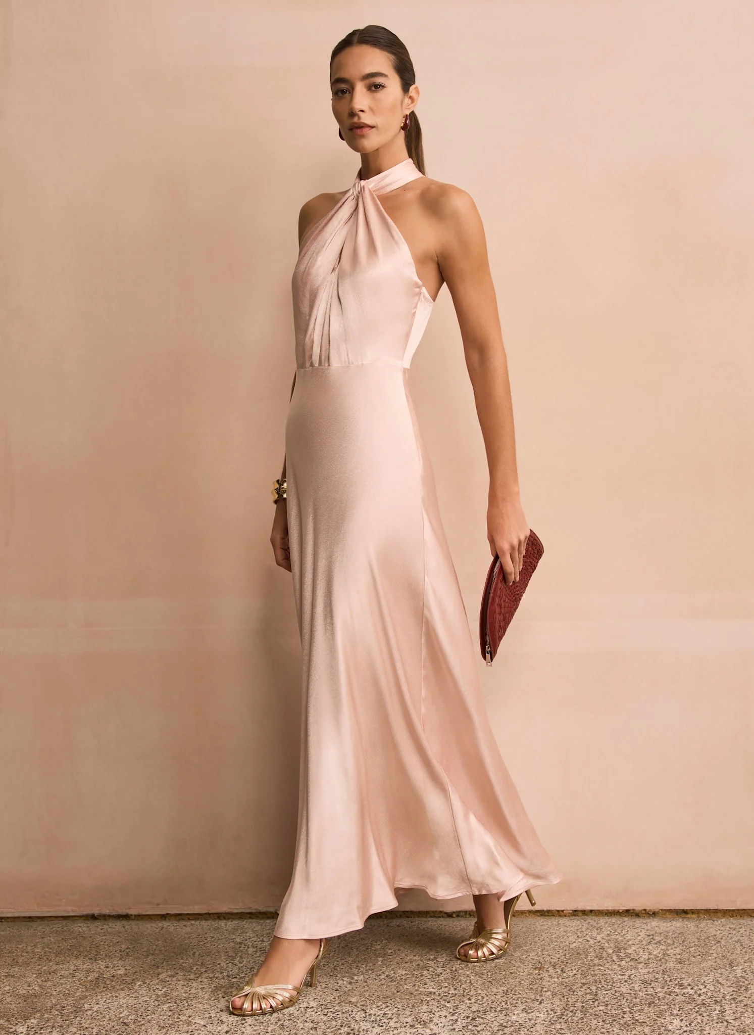 Pink Satin Halter Maxi Dress - Image 2
