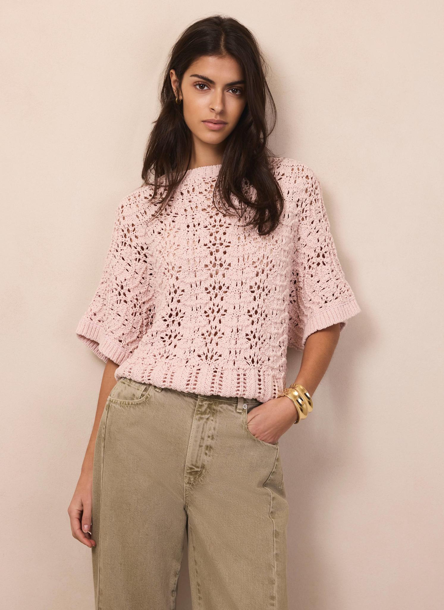 Pink Open Stitch Batwing Top
