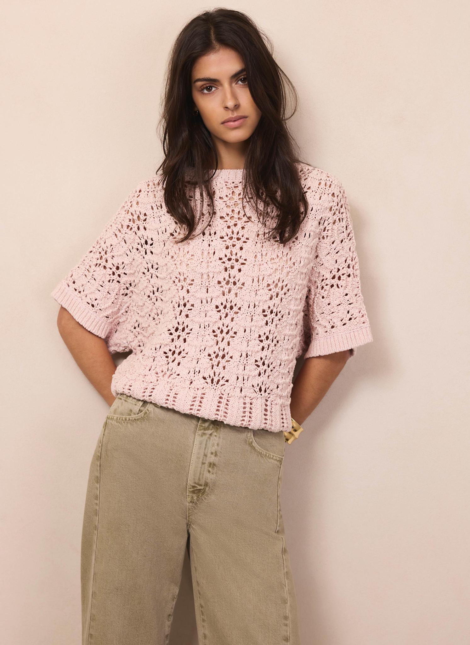 Pink Open Stitch Batwing Top - Image 3