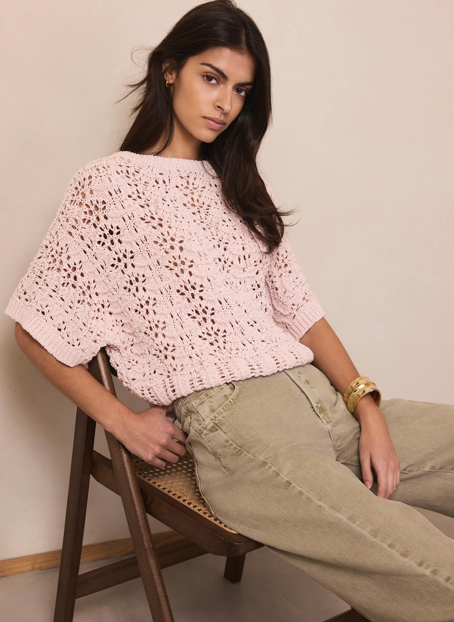 Pink Open Stitch Batwing Top - Image 5