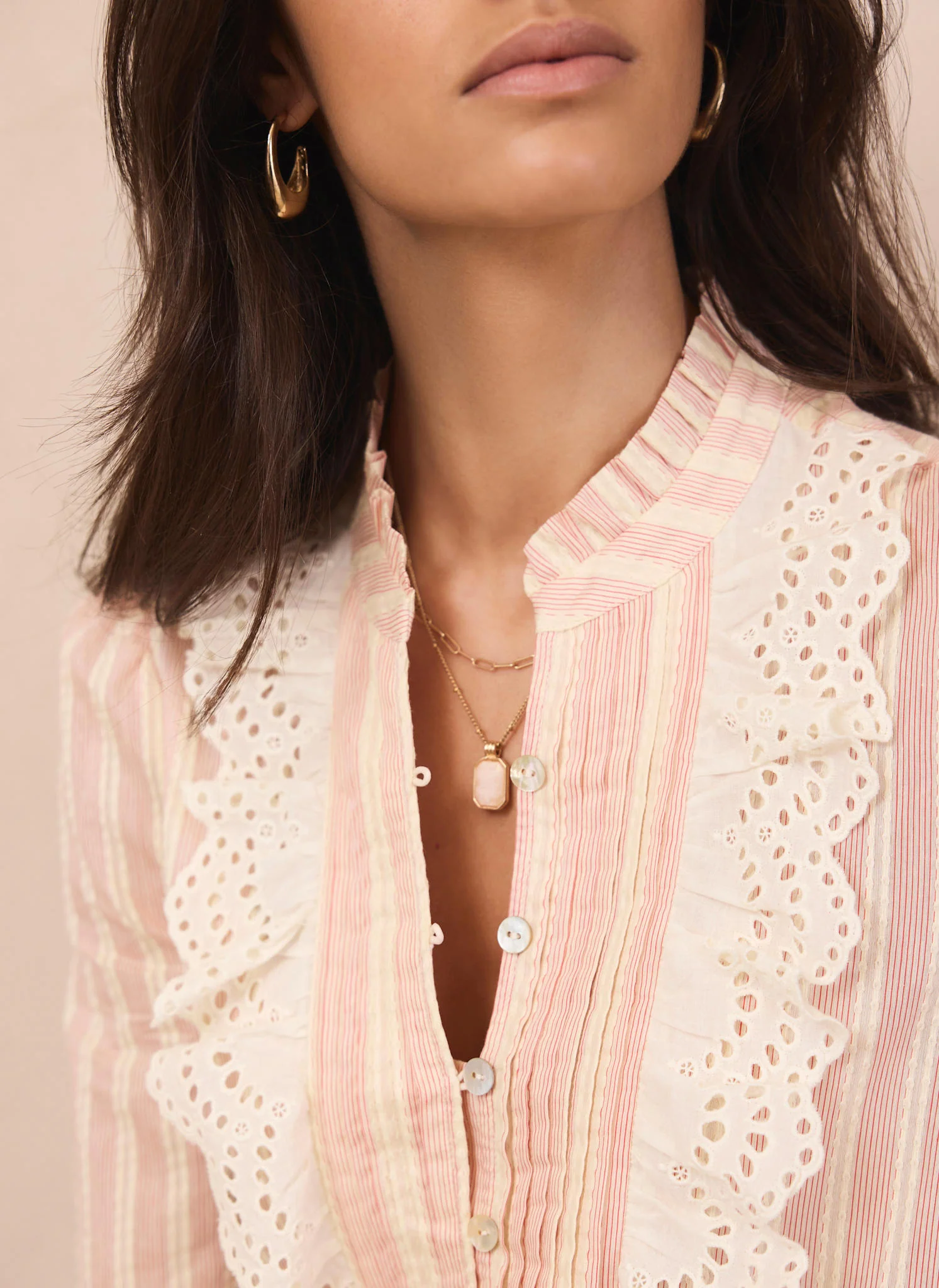 Pink Striped Broderie Trim Blouse - Image 4