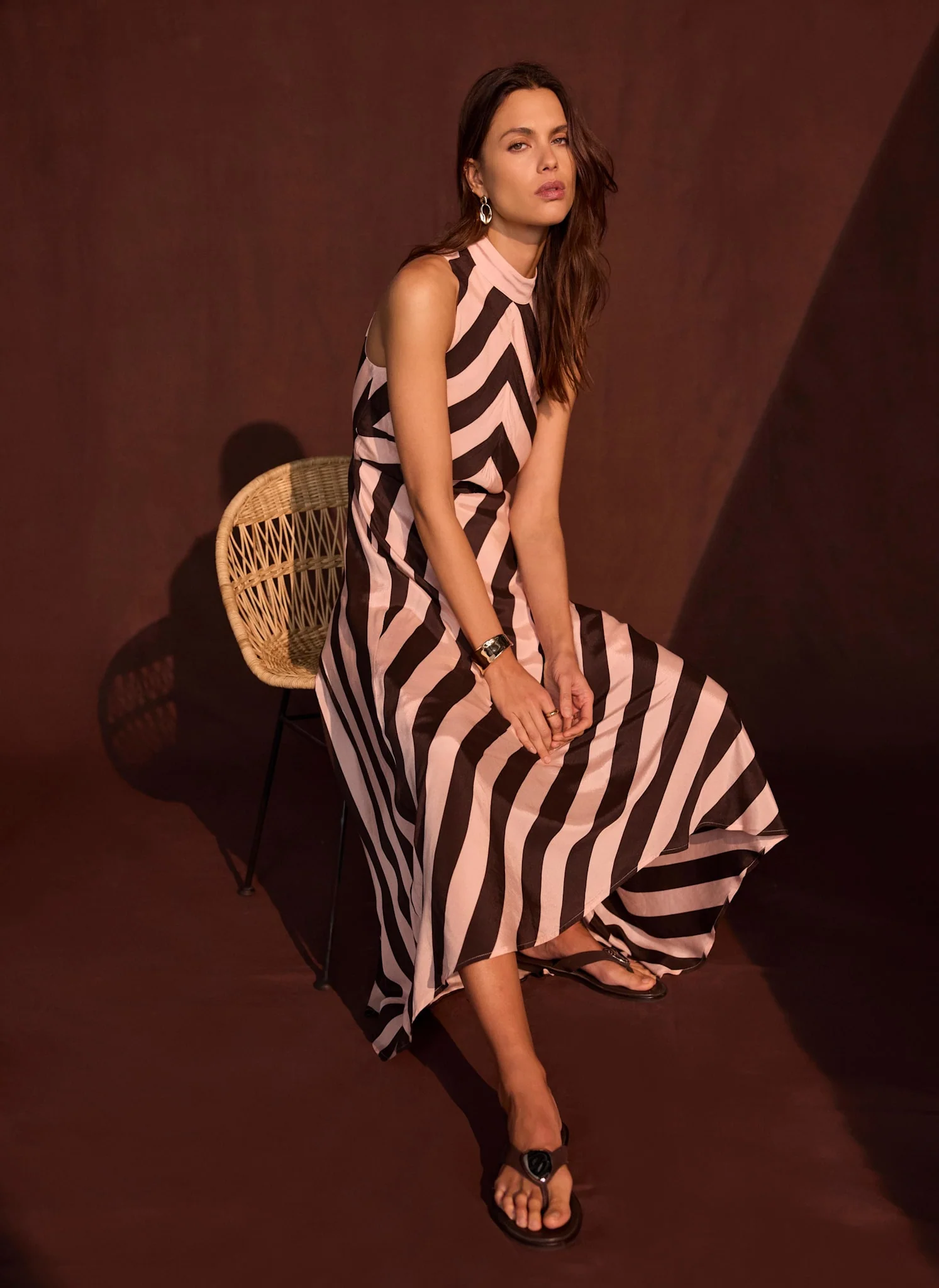 Pink & Brown Striped Halter Maxi Dress - Image 3