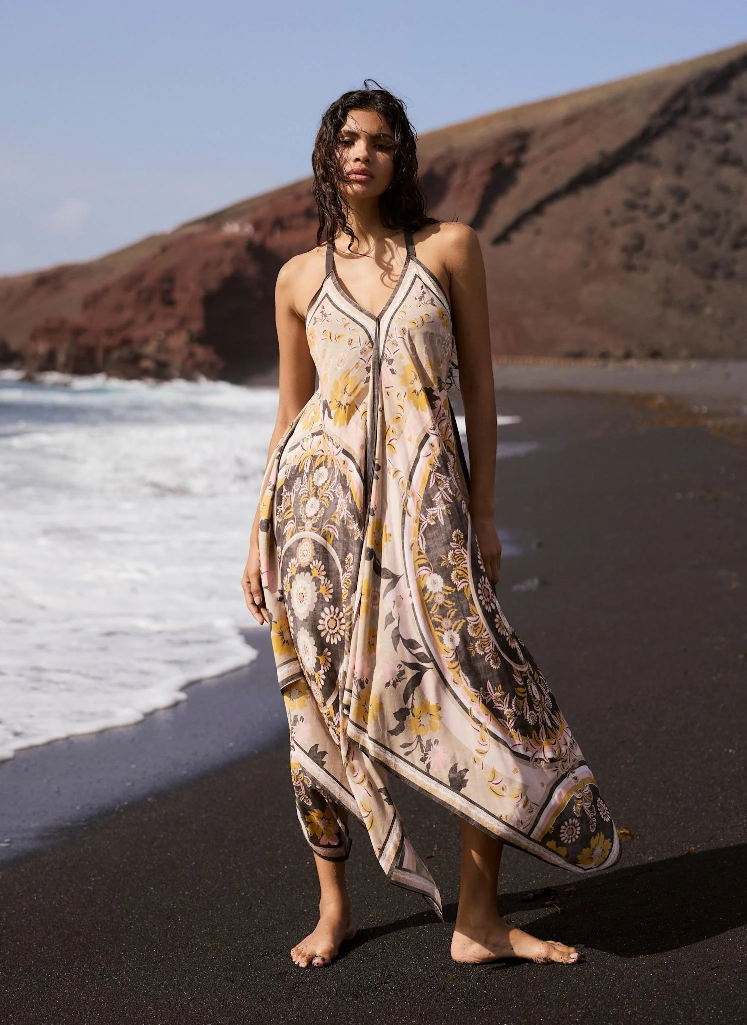 Neutral Floral Print Scarf Detail Midi Dress