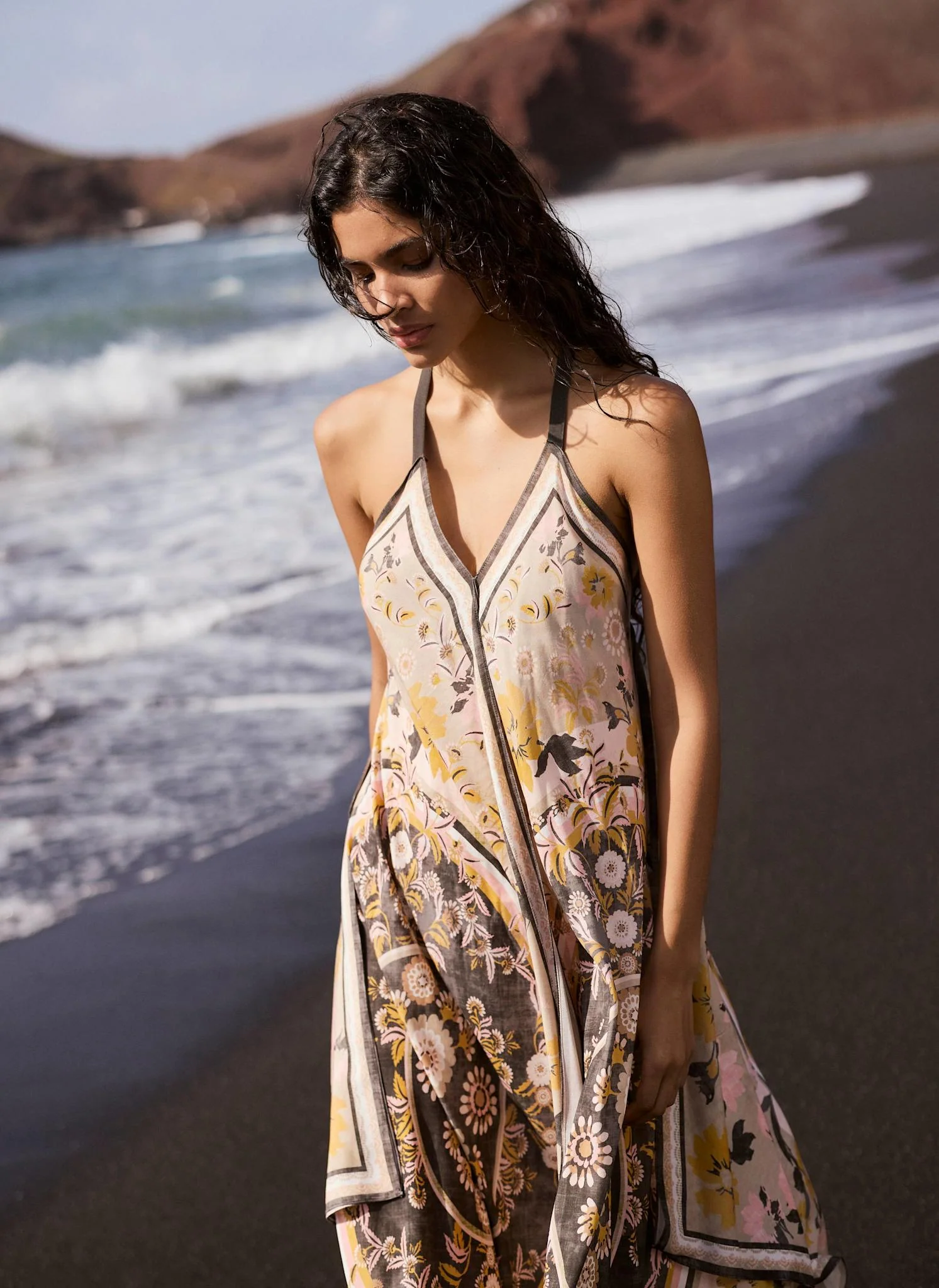 Neutral Floral Print Scarf Detail Midi Dress - Image 6