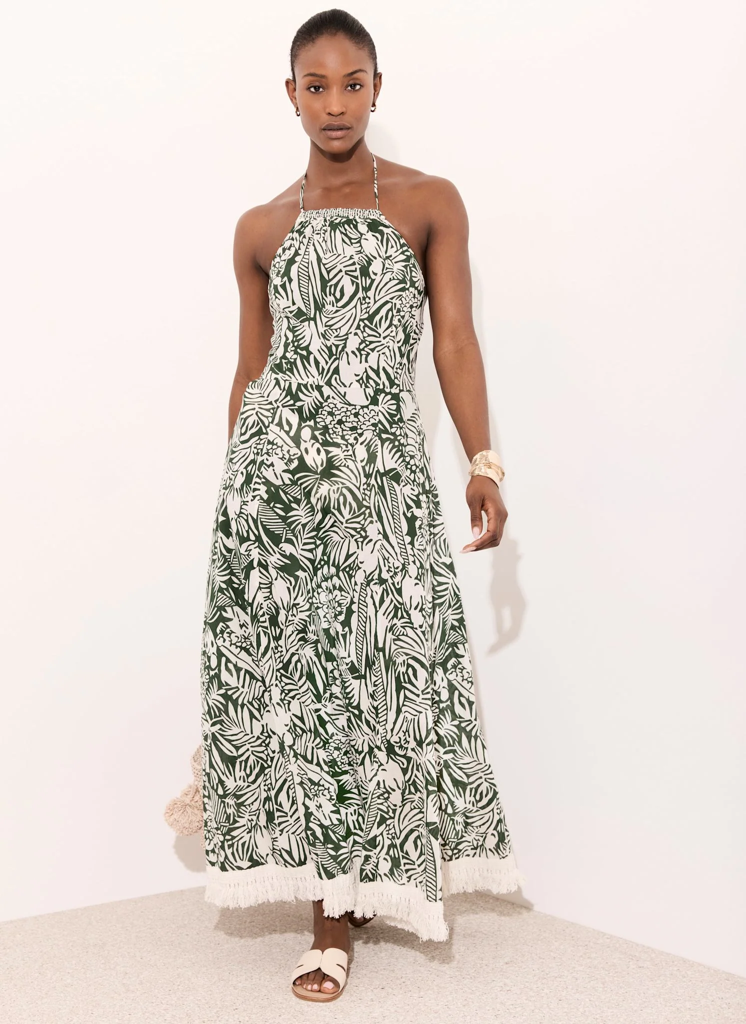 Green Printed Cotton Halterneck Maxi Dress - Image 3