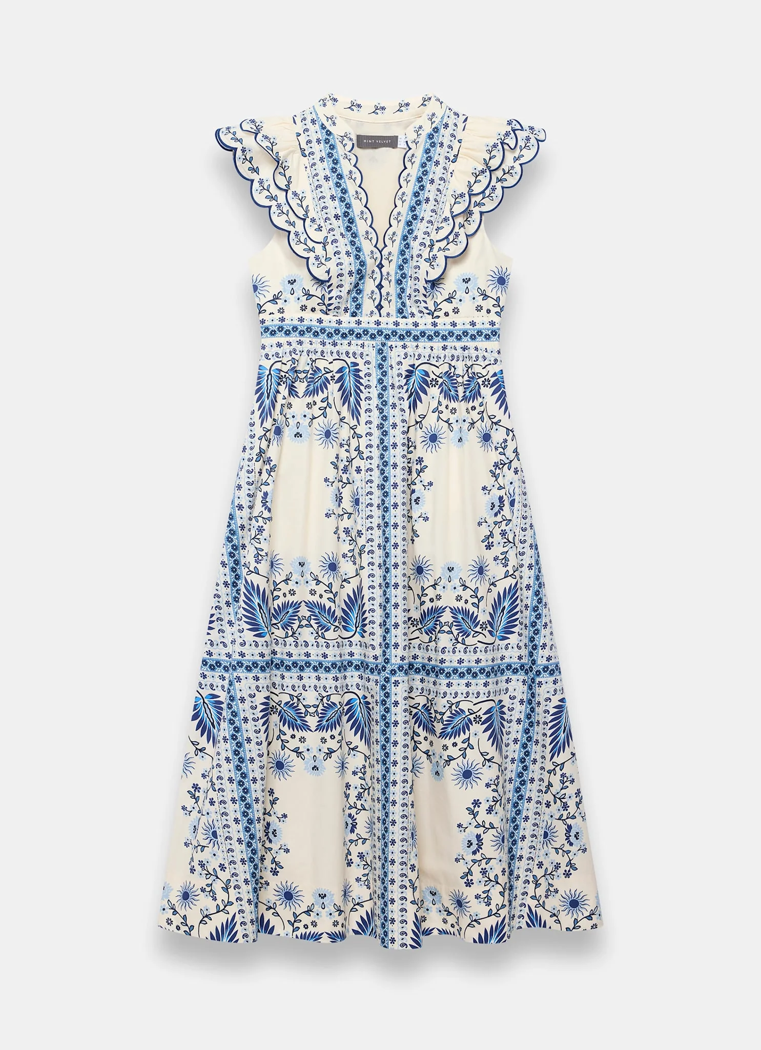 Blue Cotton Print Scallop Trim Midi Dress - Image 7
