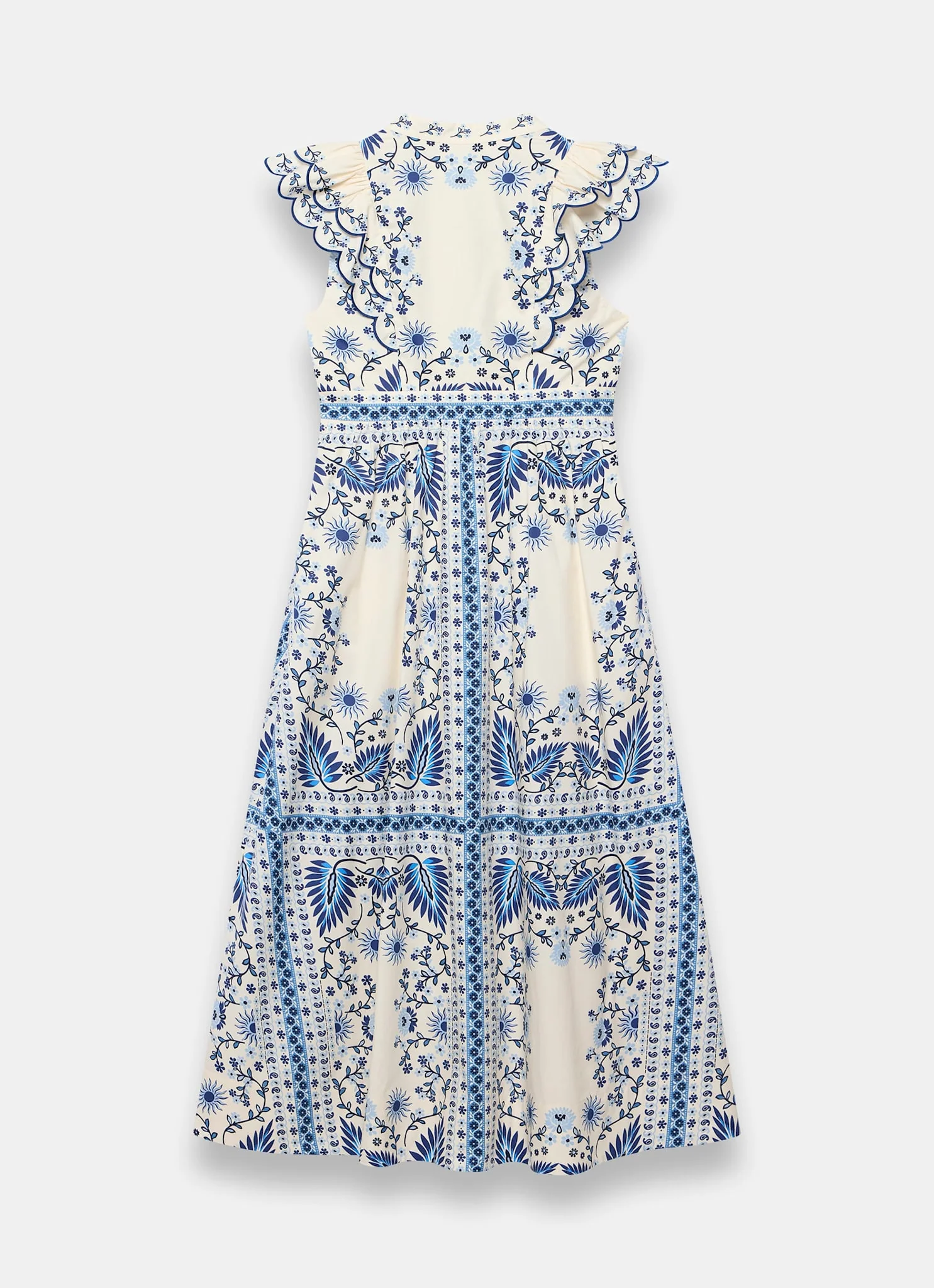 Blue Cotton Print Scallop Trim Midi Dress - Image 8