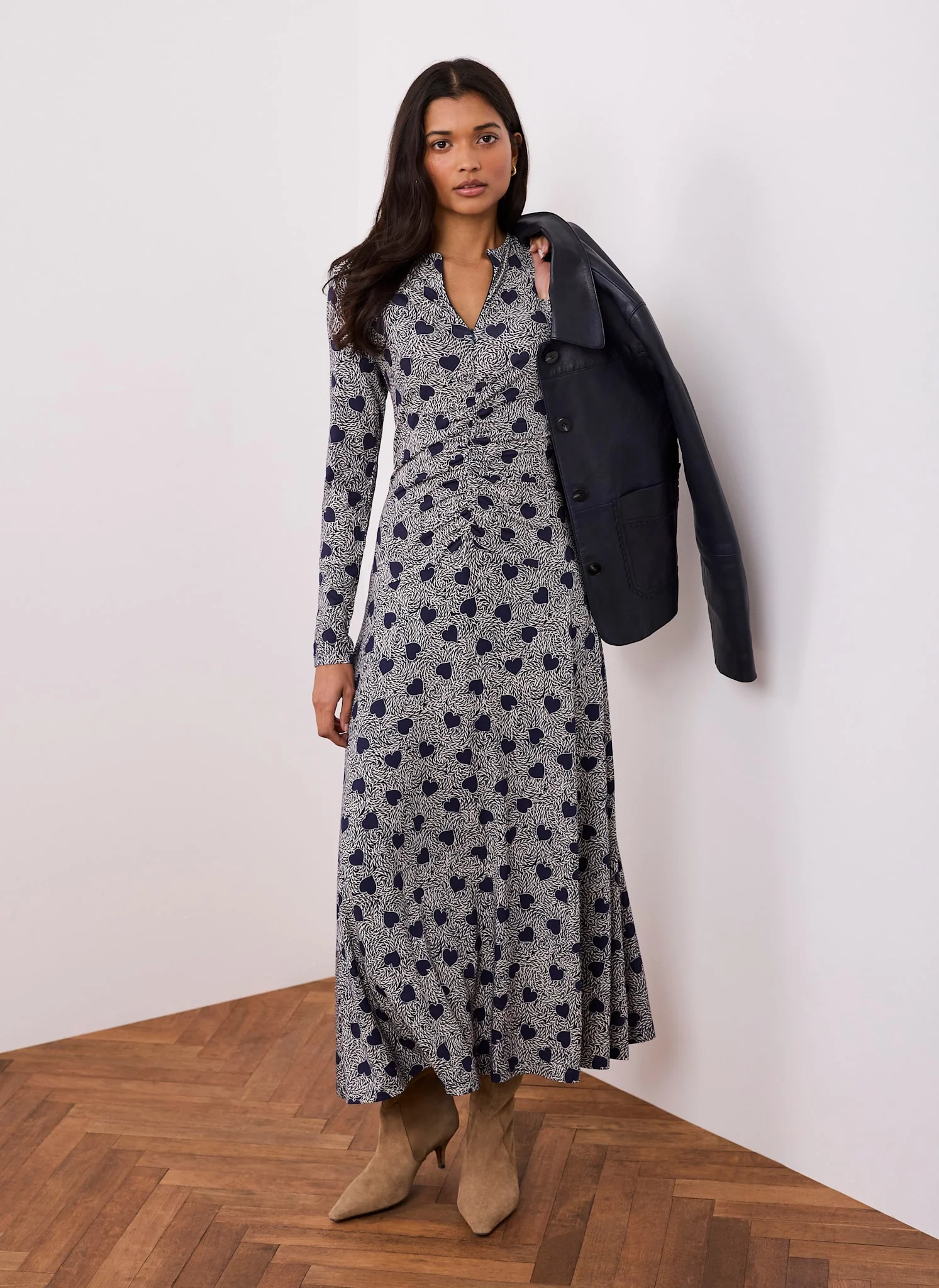 Navy Heart Print Zip Front Midi Dress - Image 2
