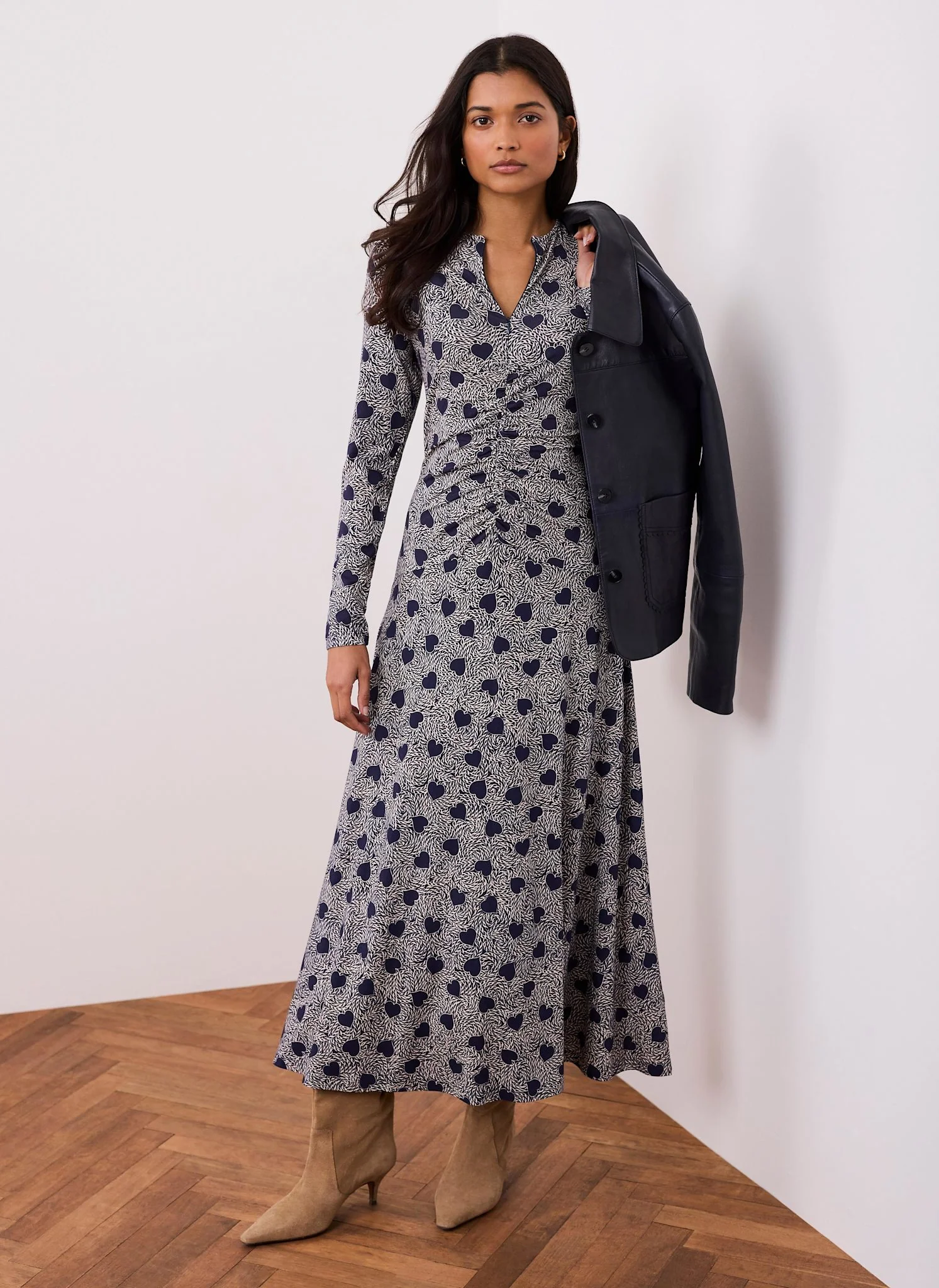 Navy Heart Print Zip Front Midi Dress - Image 5