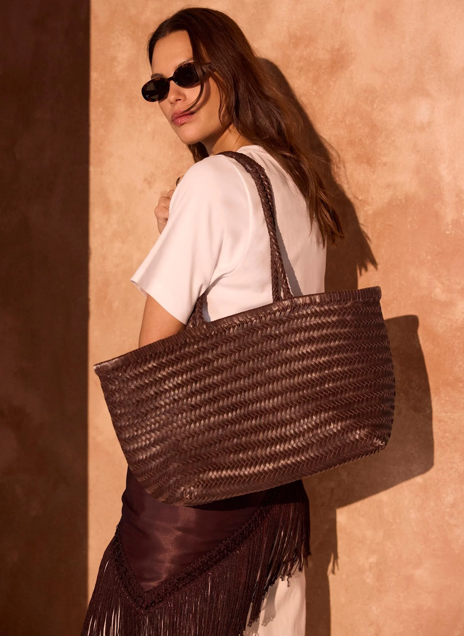 Rae Brown Leather Woven Tote Bag - Image 3