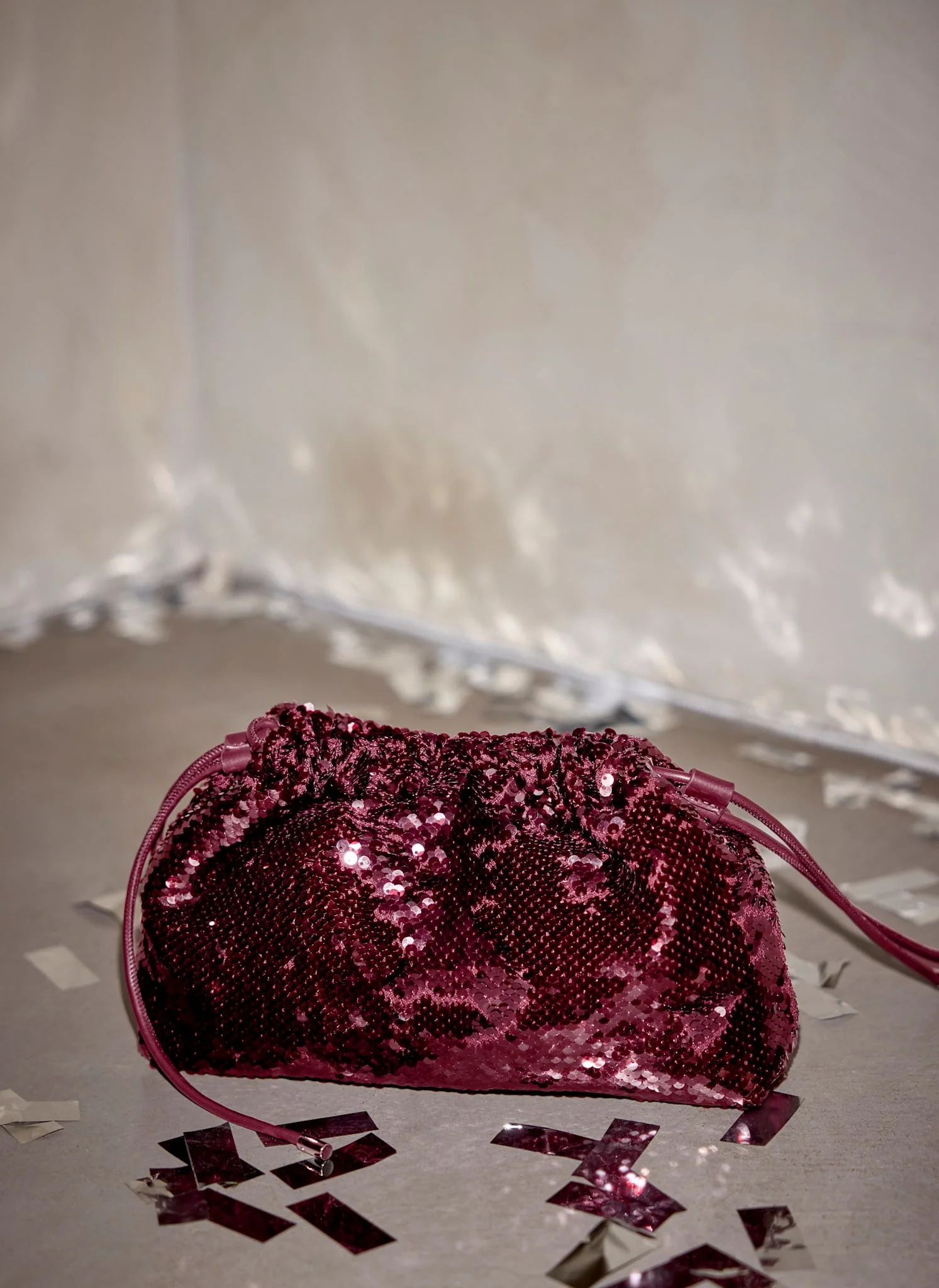 Raya Burgundy Sequin Drawstring Bag - Image 2