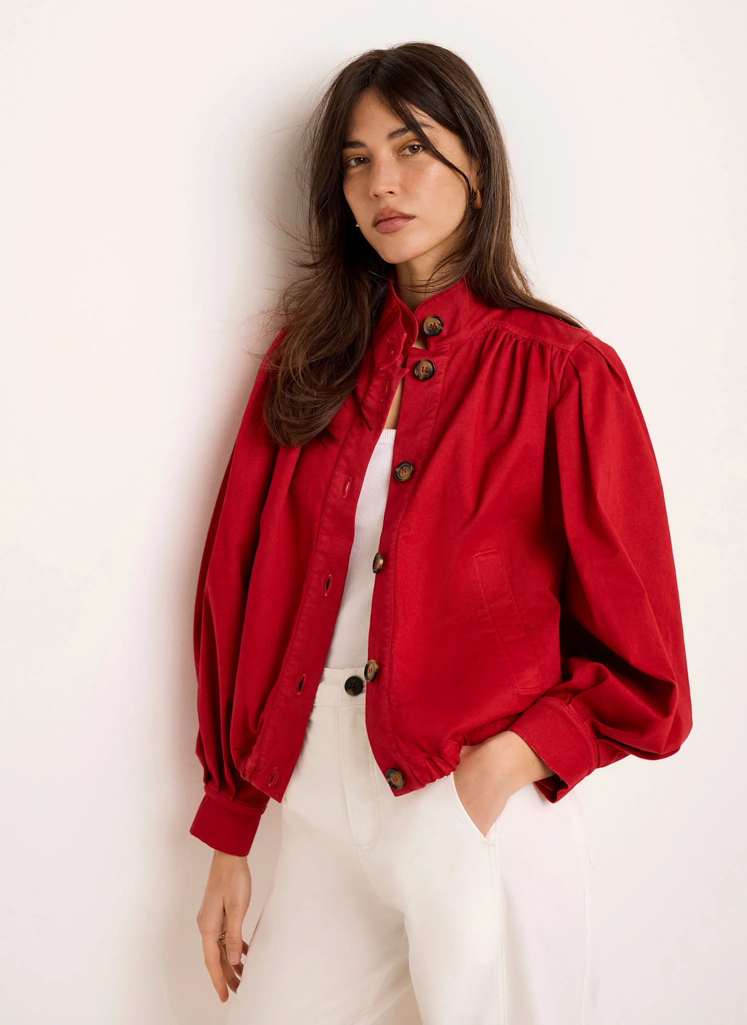 Red Cotton Blend Puff Sleeve Jacket - Image 2