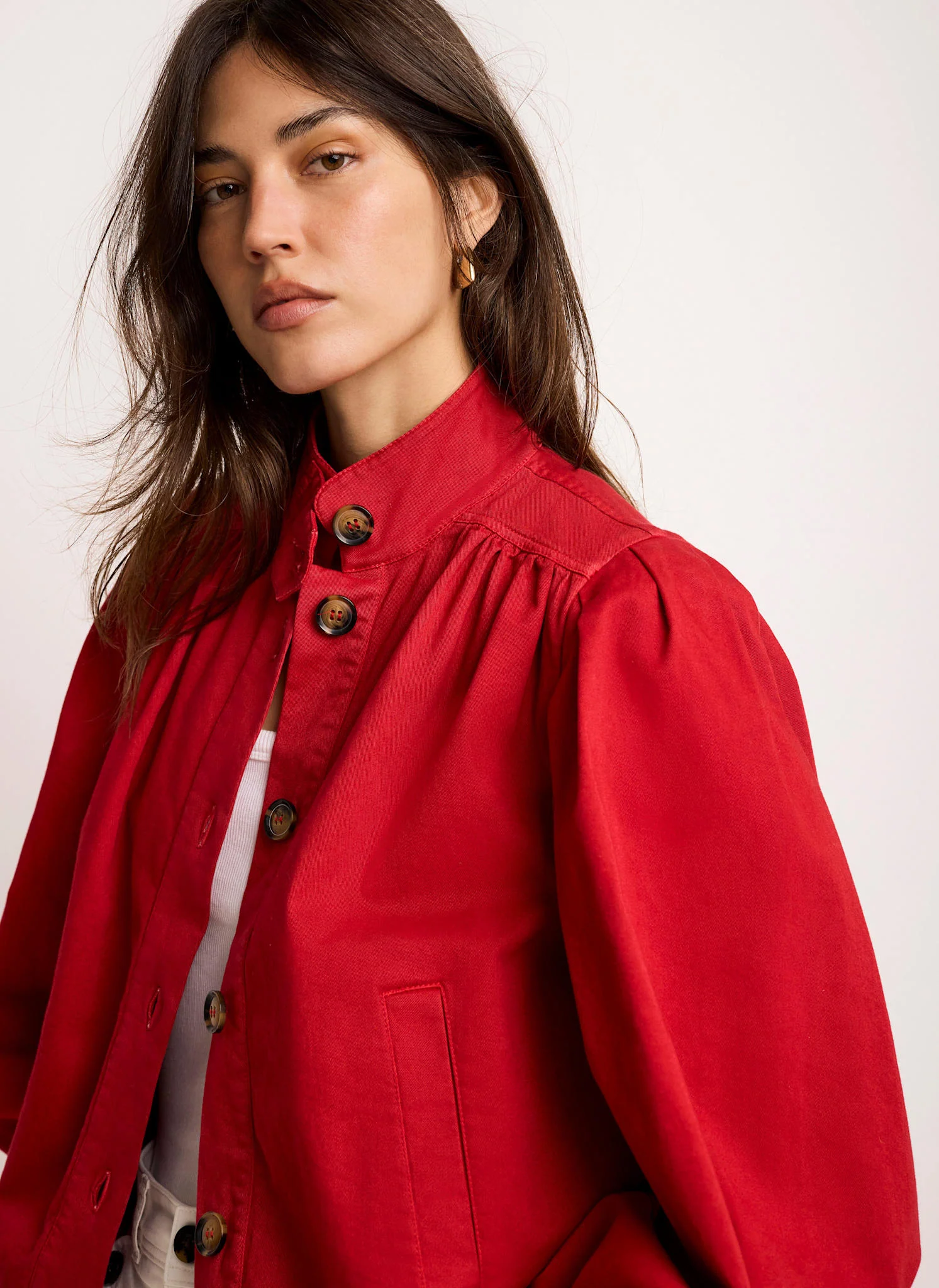 Red Cotton Blend Puff Sleeve Jacket - Image 3