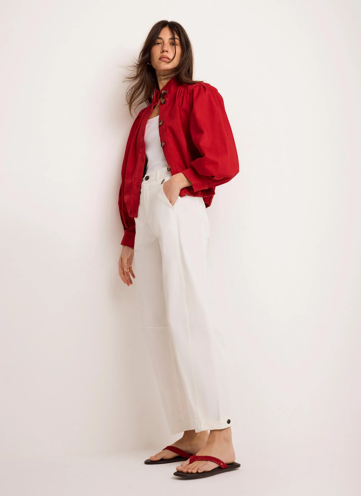 Red Cotton Blend Puff Sleeve Jacket - Image 4