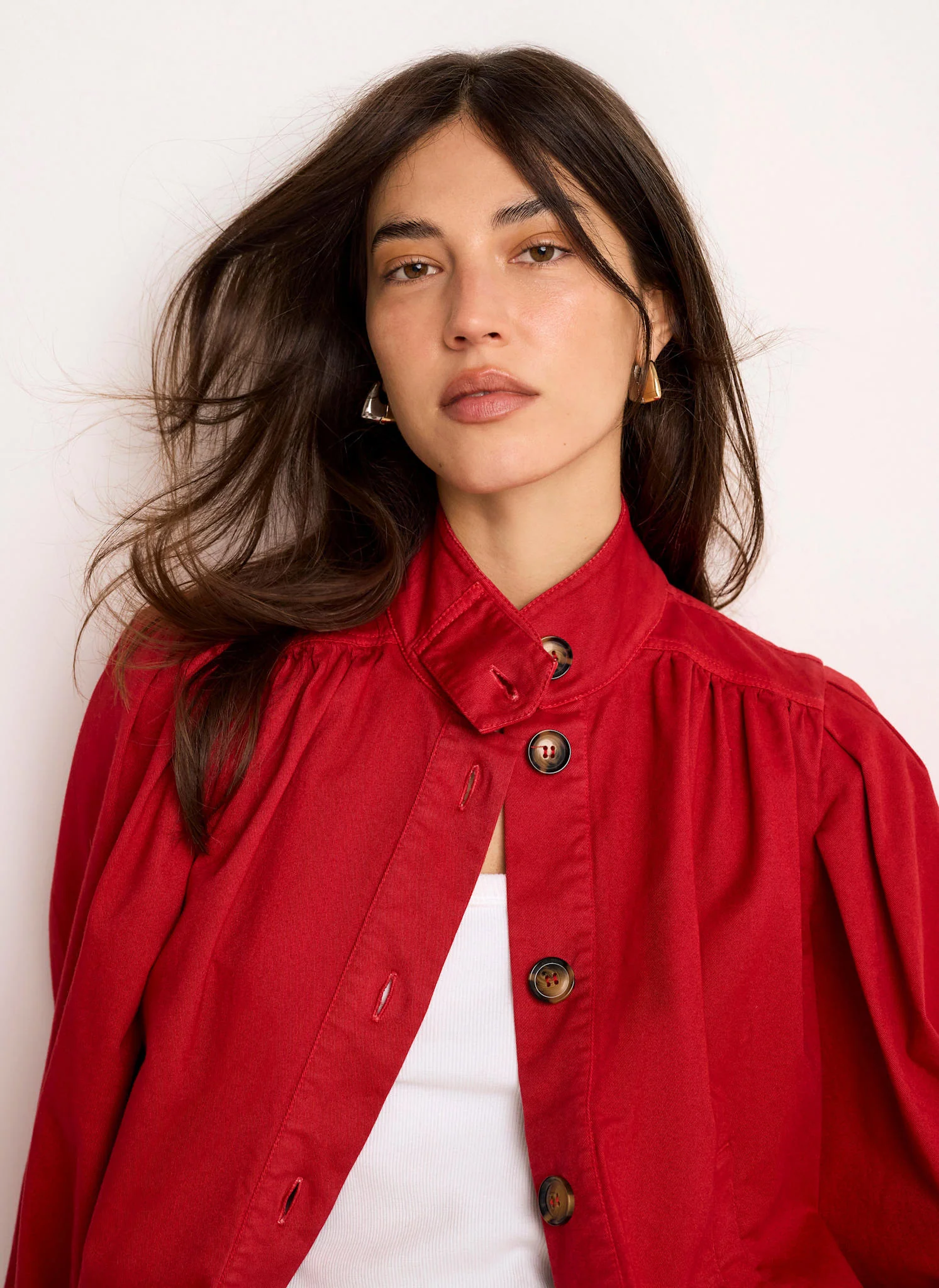 Red Cotton Blend Puff Sleeve Jacket - Image 5