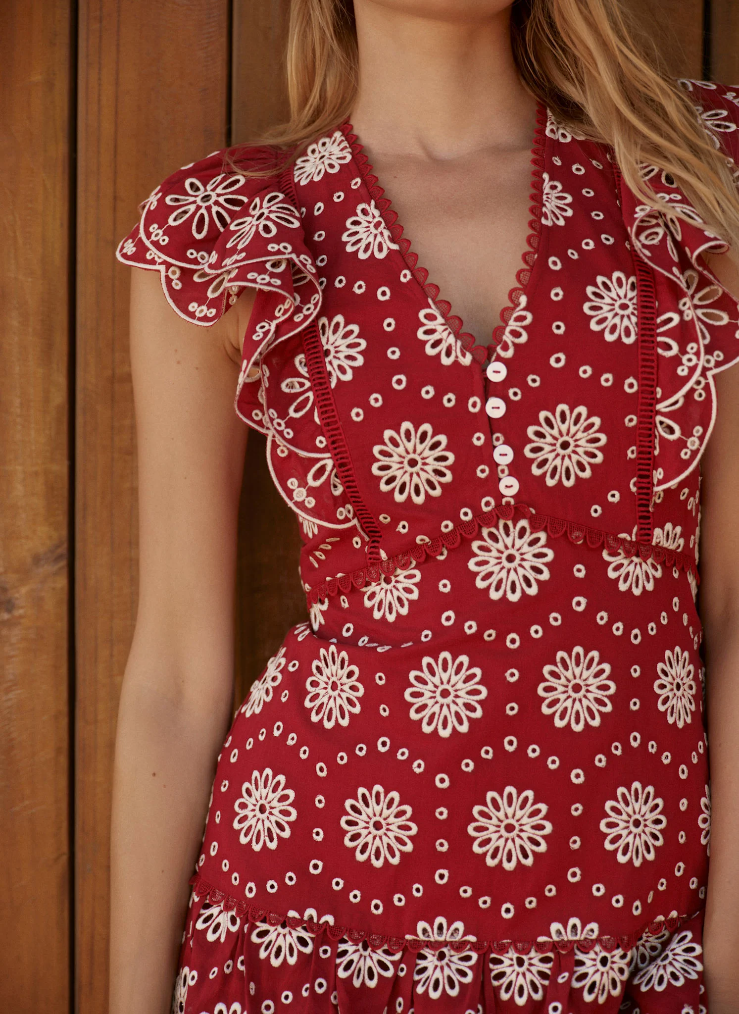 Red Cotton Broderie Midi Dress - Image 3