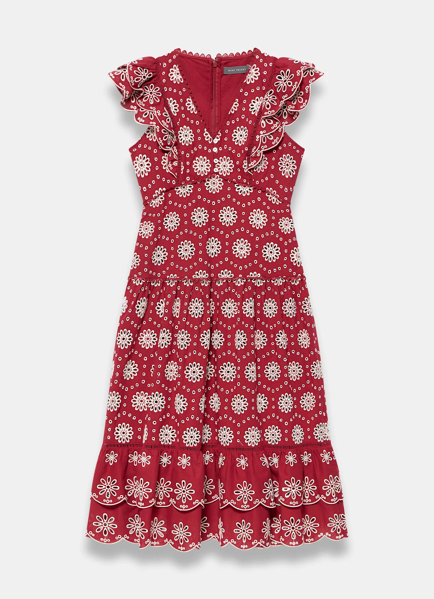 Red Cotton Broderie Midi Dress - Image 6