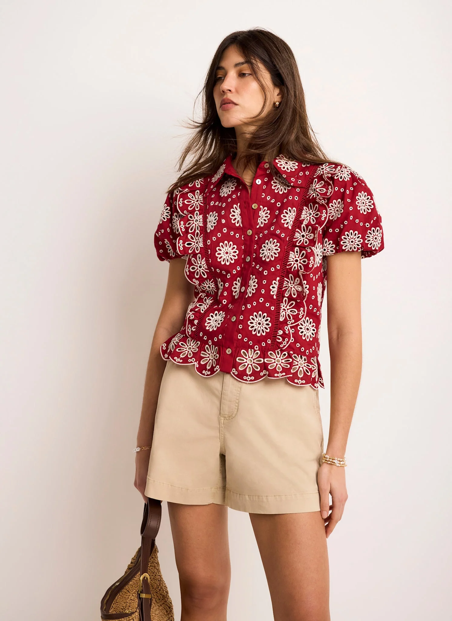 Red Cotton Broderie Detail Shirt