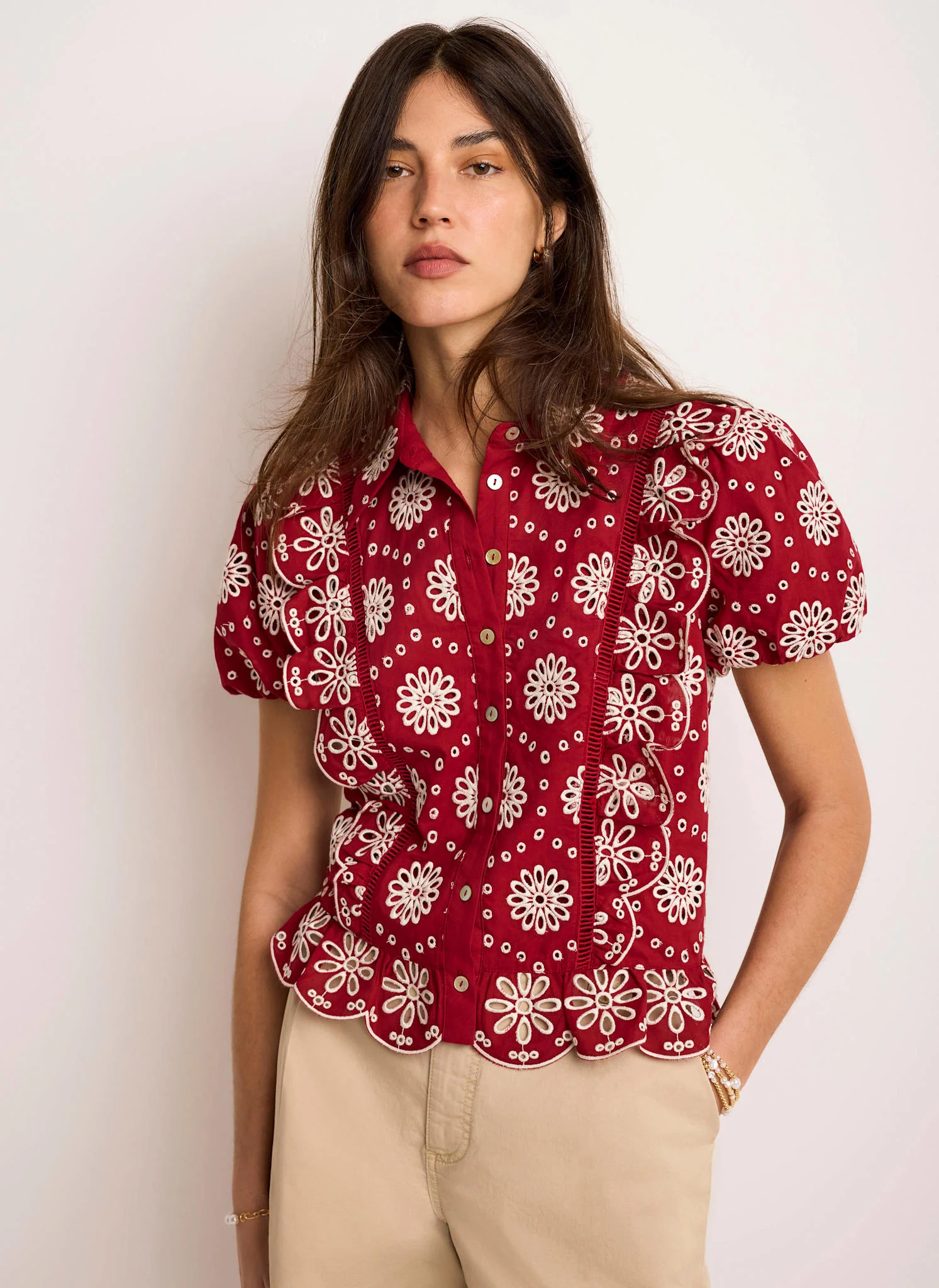 Red Cotton Broderie Detail Shirt - Image 5