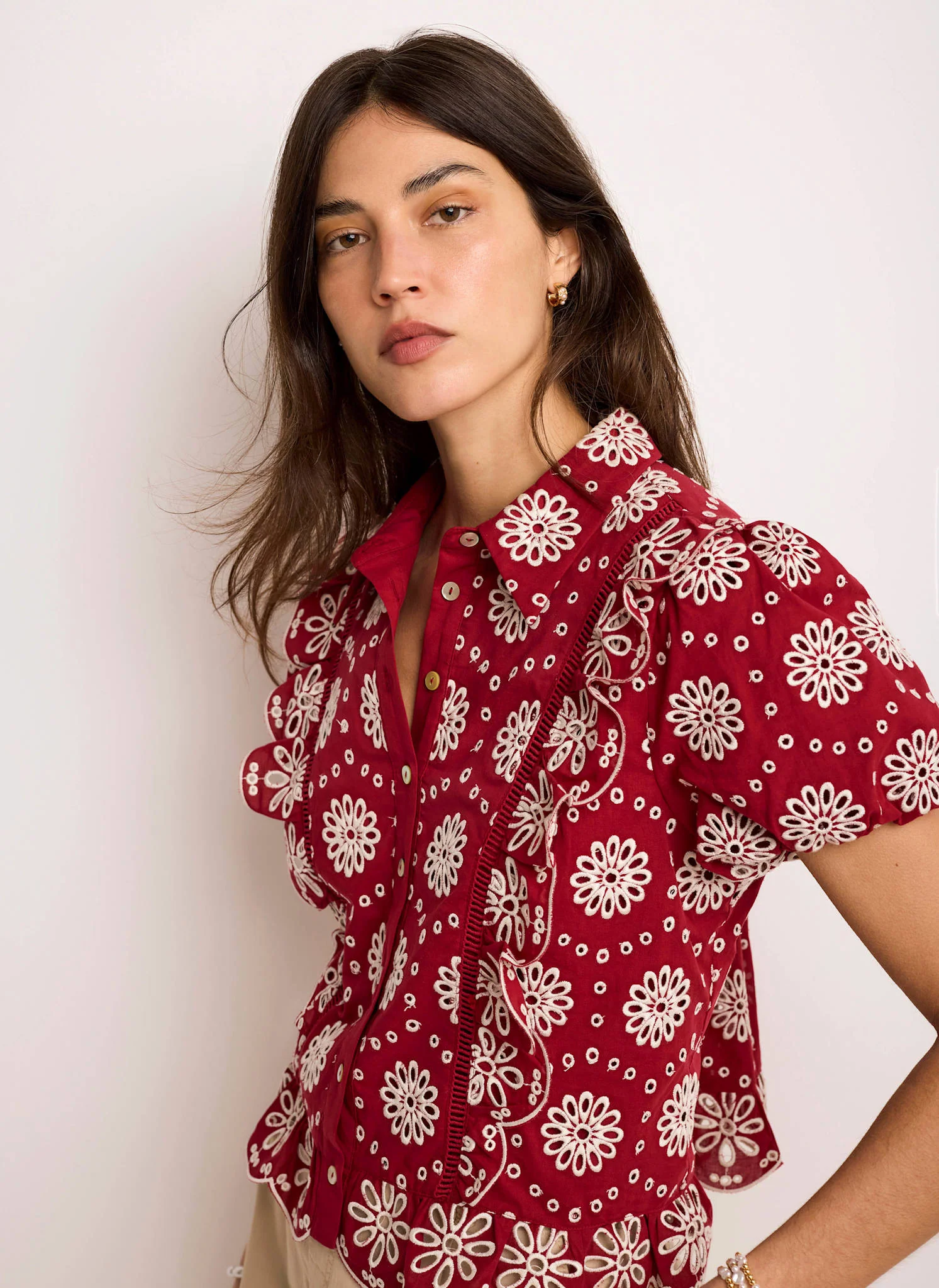 Red Cotton Broderie Detail Shirt - Image 6