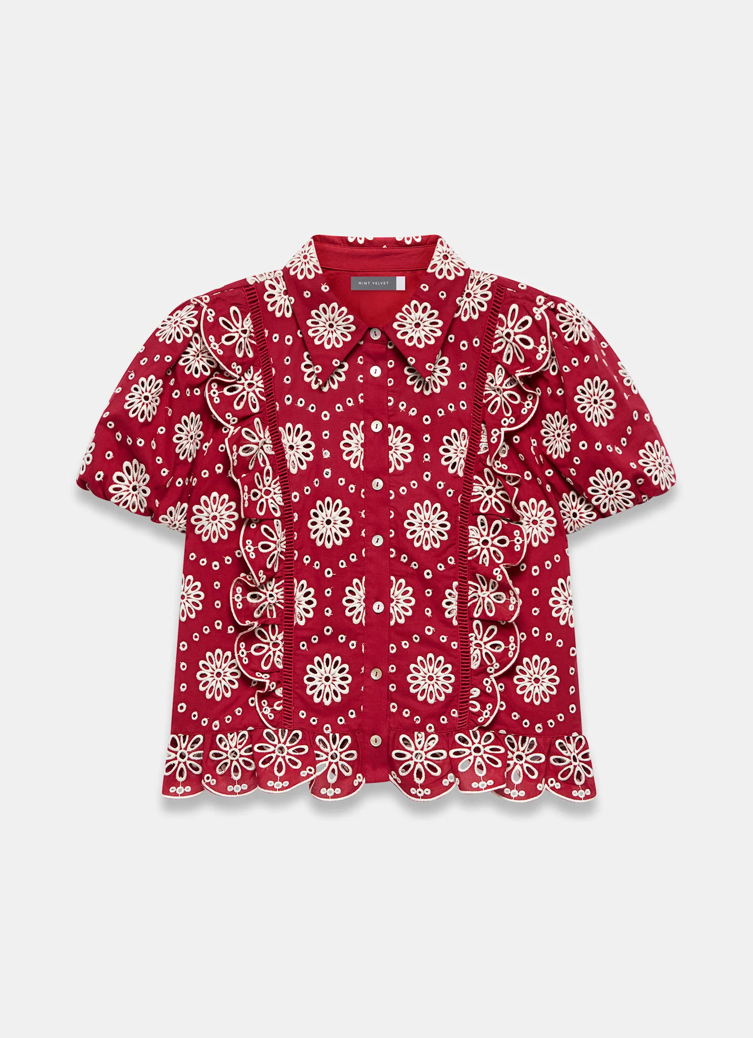 Red Cotton Broderie Detail Shirt - Image 7