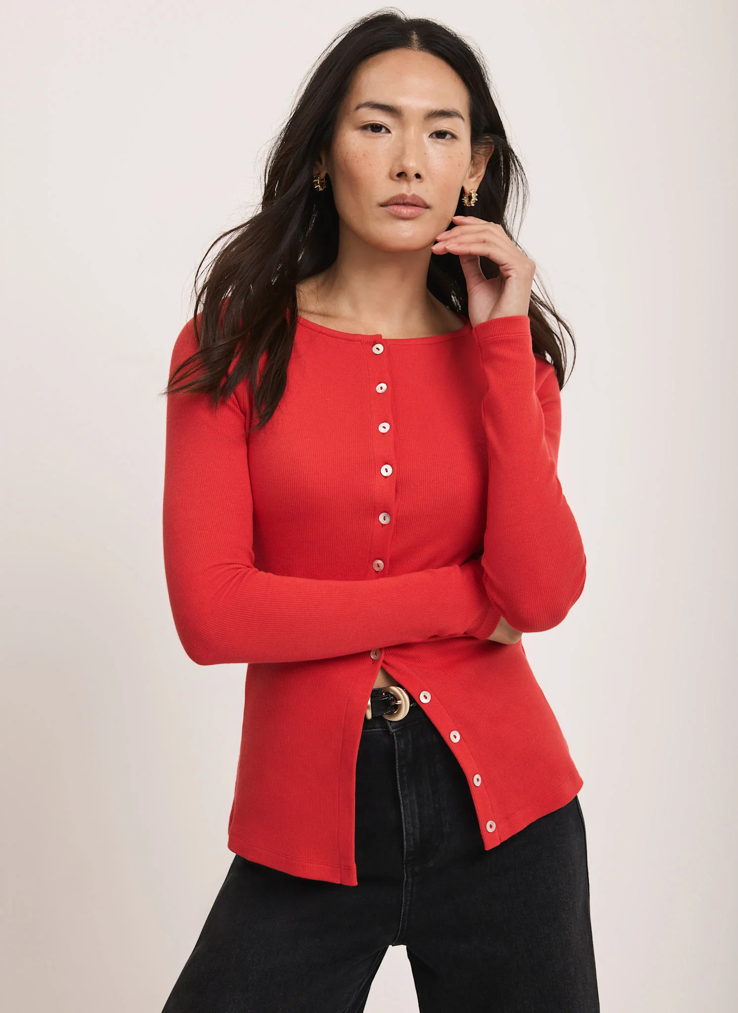 Red Cotton Blend Button Detail Top