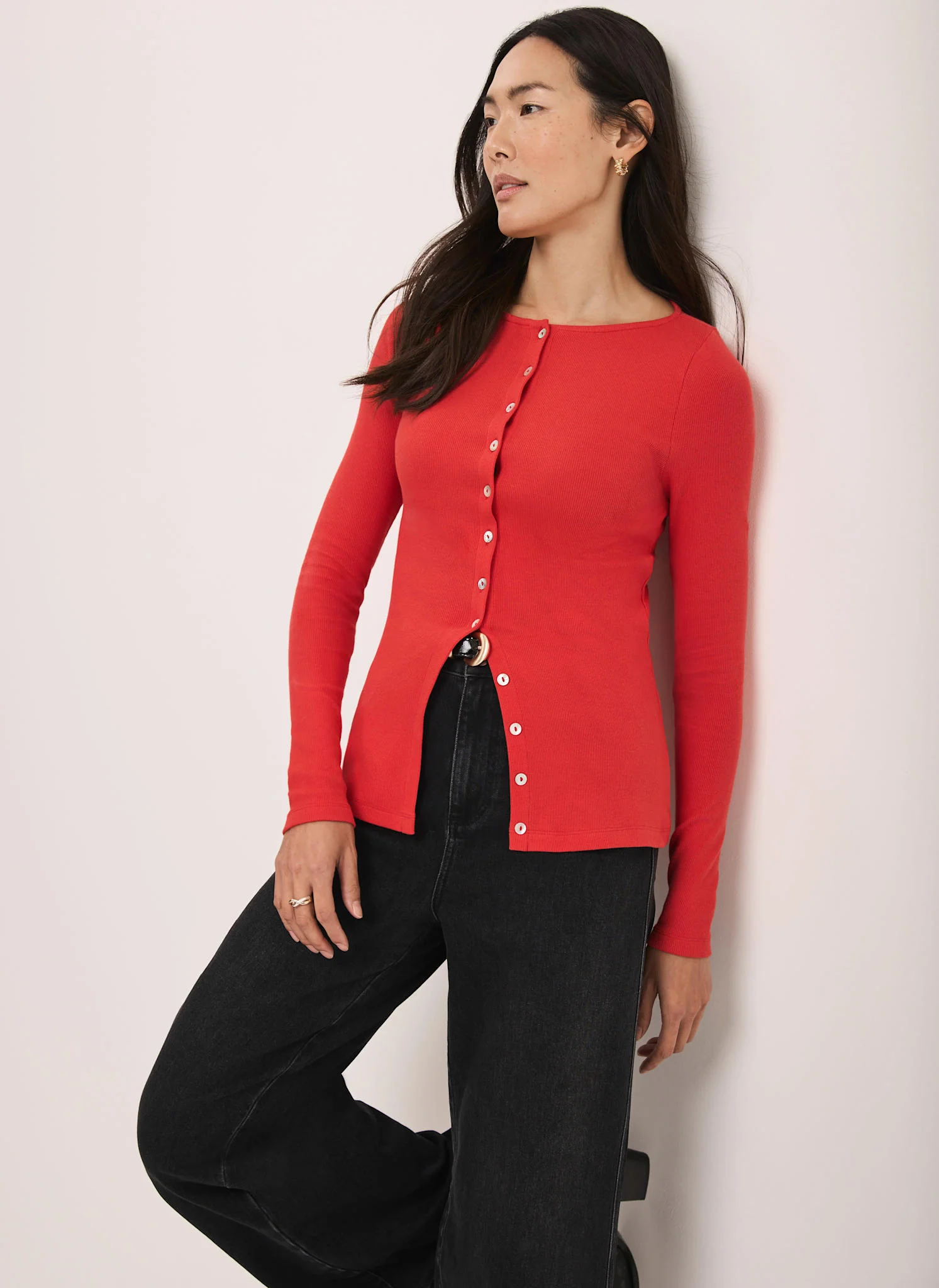 Red Cotton Blend Button Detail Top - Image 3