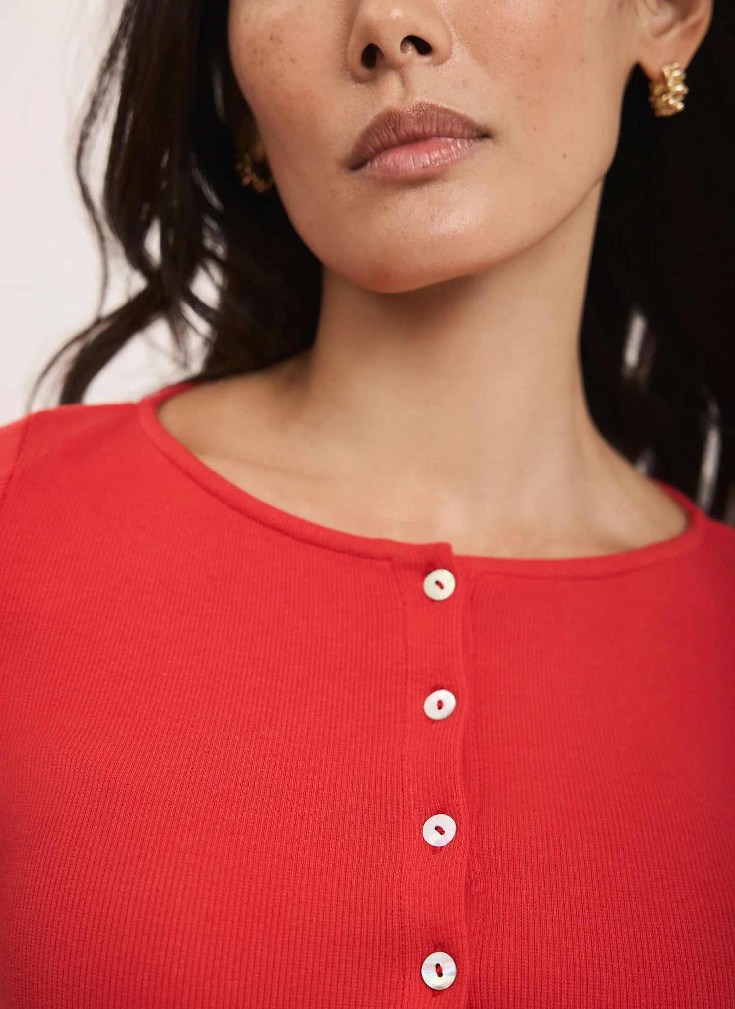 Red Cotton Blend Button Detail Top - Image 4
