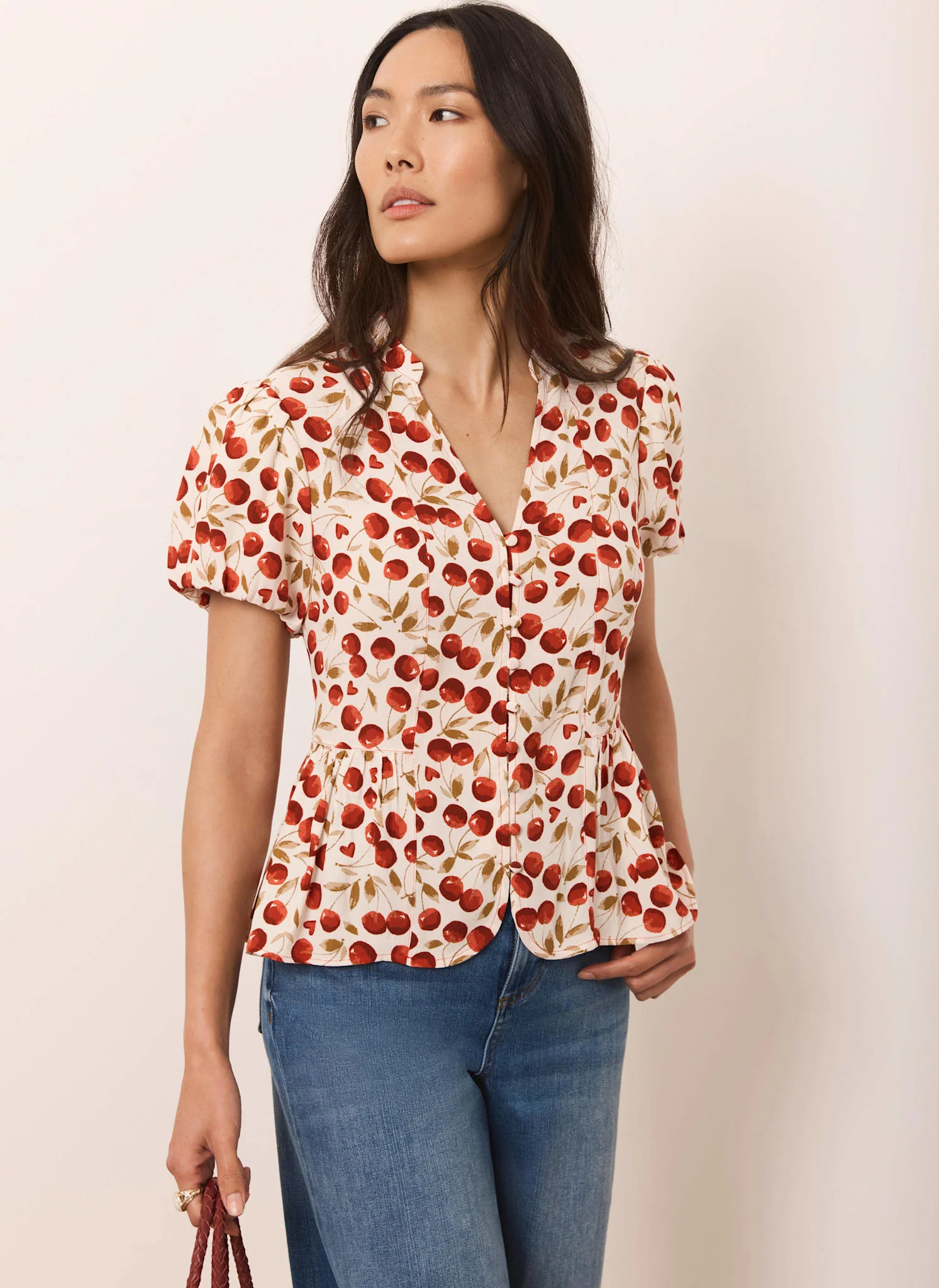 Red Cherry Print Puff Sleeve Top - Image 2
