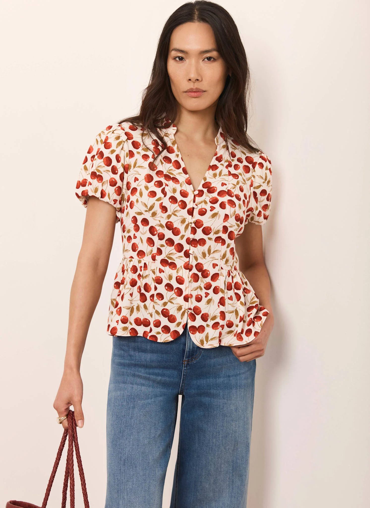 Red Cherry Print Puff Sleeve Top - Image 3