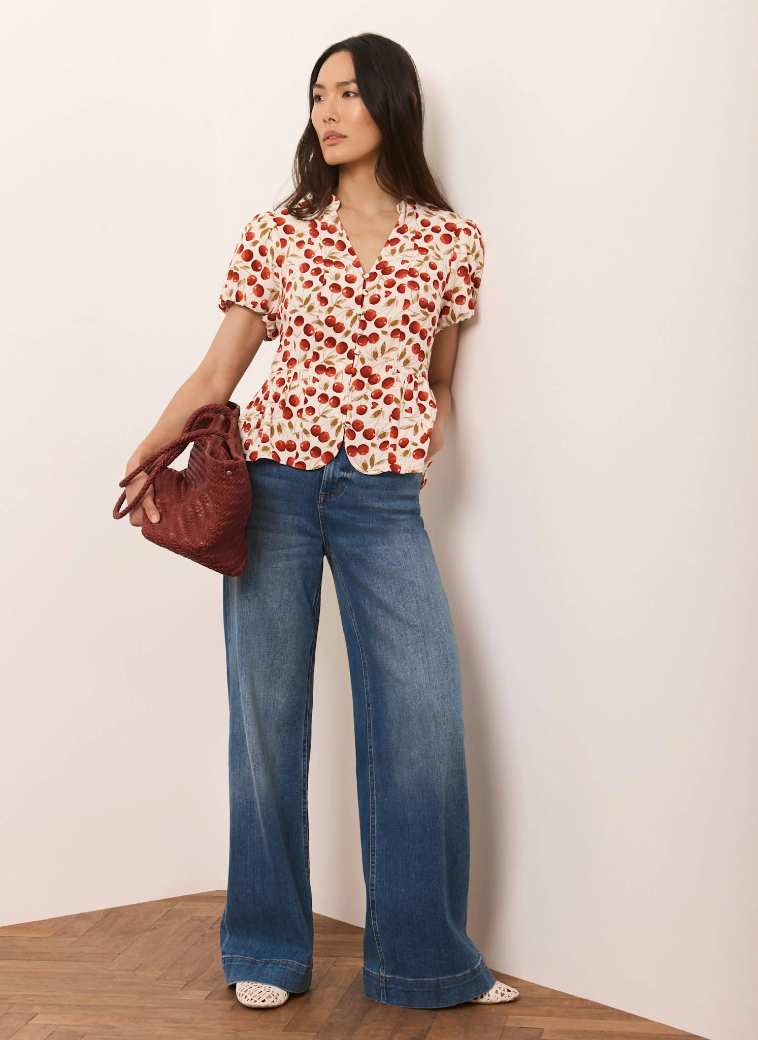 Red Cherry Print Puff Sleeve Top - Image 4