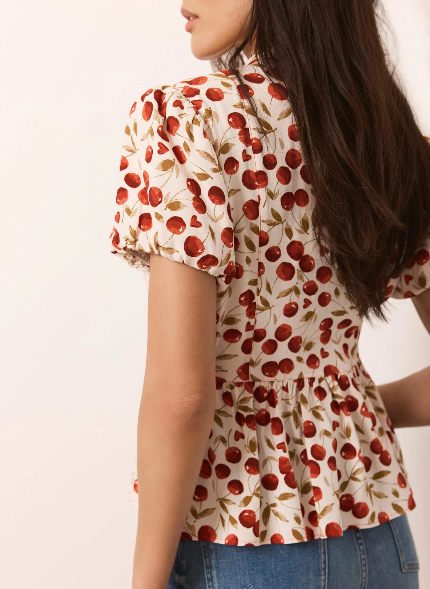 Red Cherry Print Puff Sleeve Top - Image 5