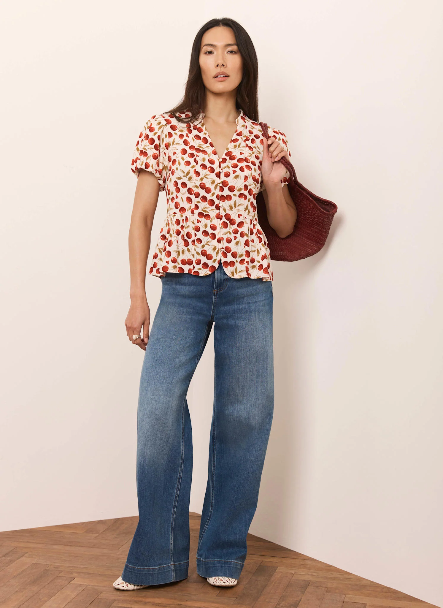 Red Cherry Print Puff Sleeve Top - Image 6