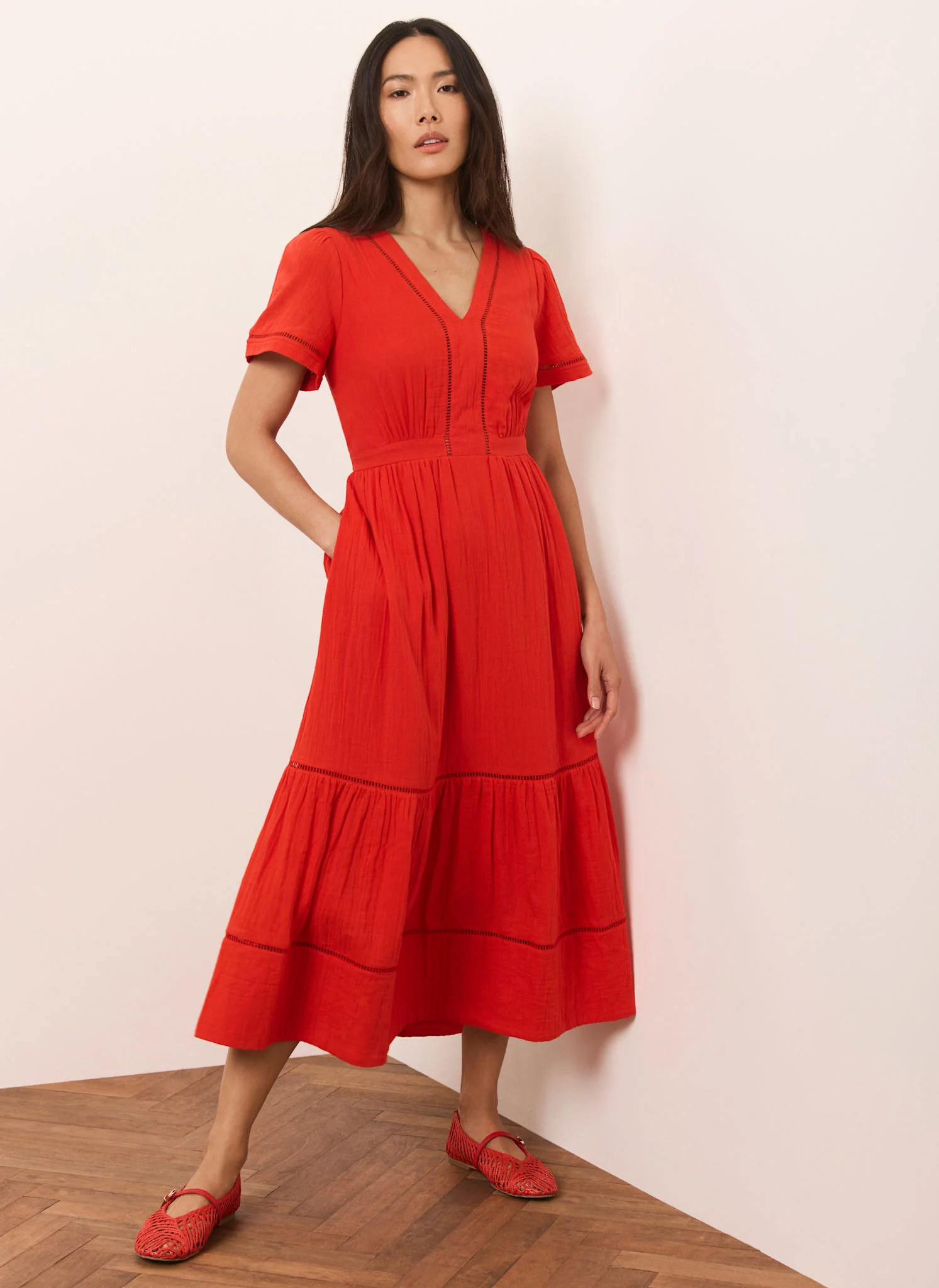 Red Cotton Cheesecloth Midi Dress - Image 3