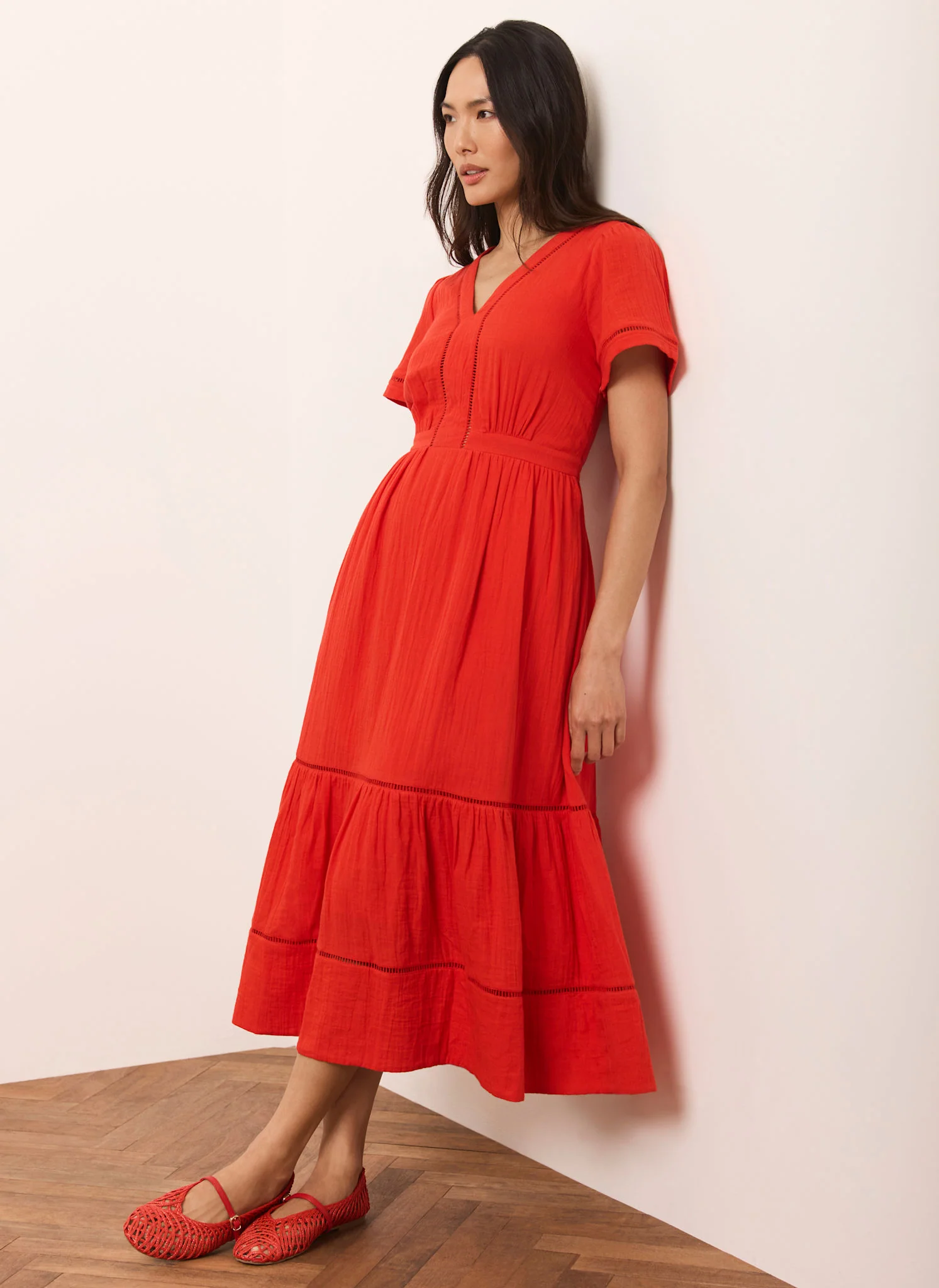 Red Cotton Cheesecloth Midi Dress - Image 5