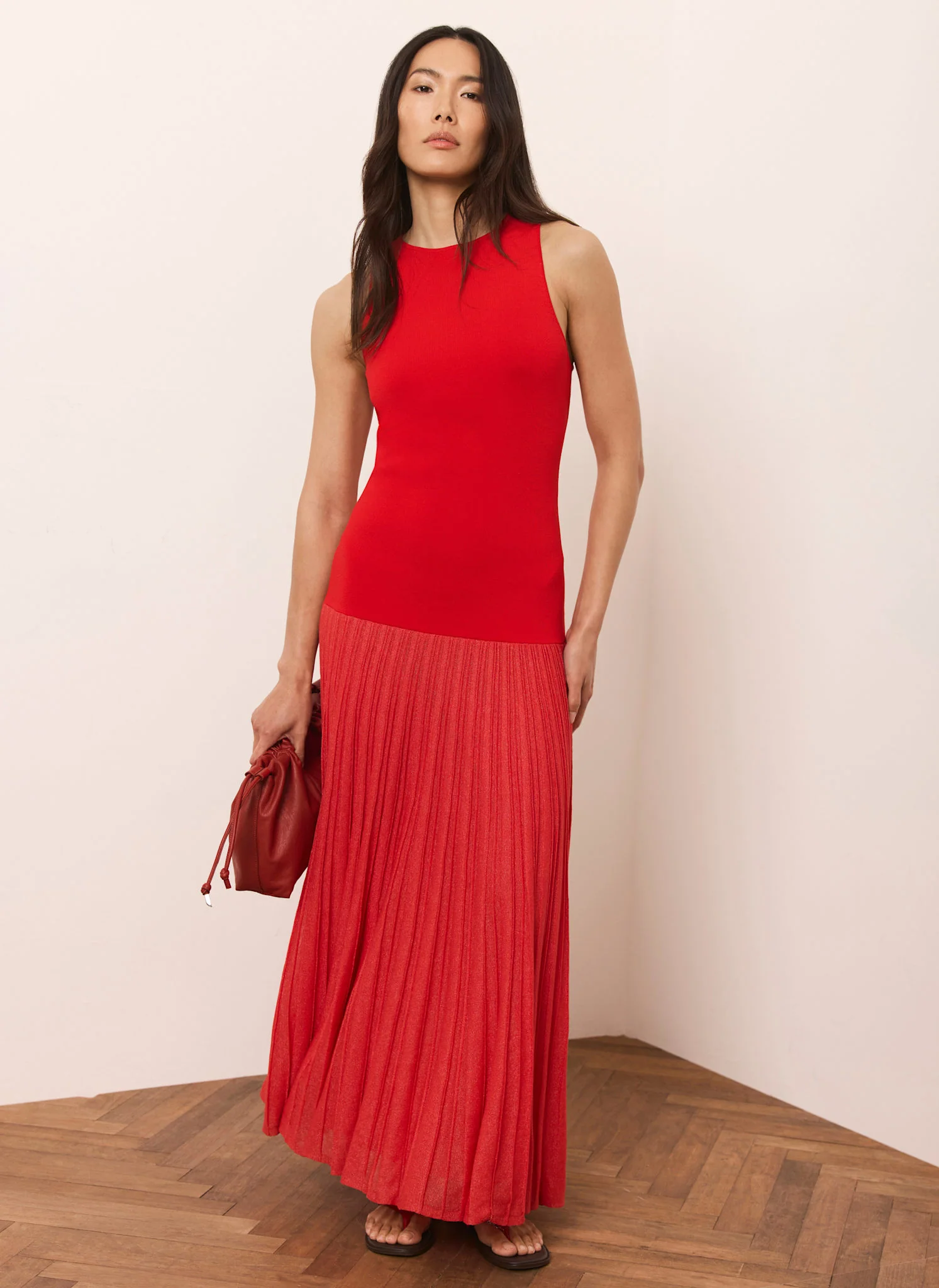 Red Knit Pleated Maxi Dress - Image 2