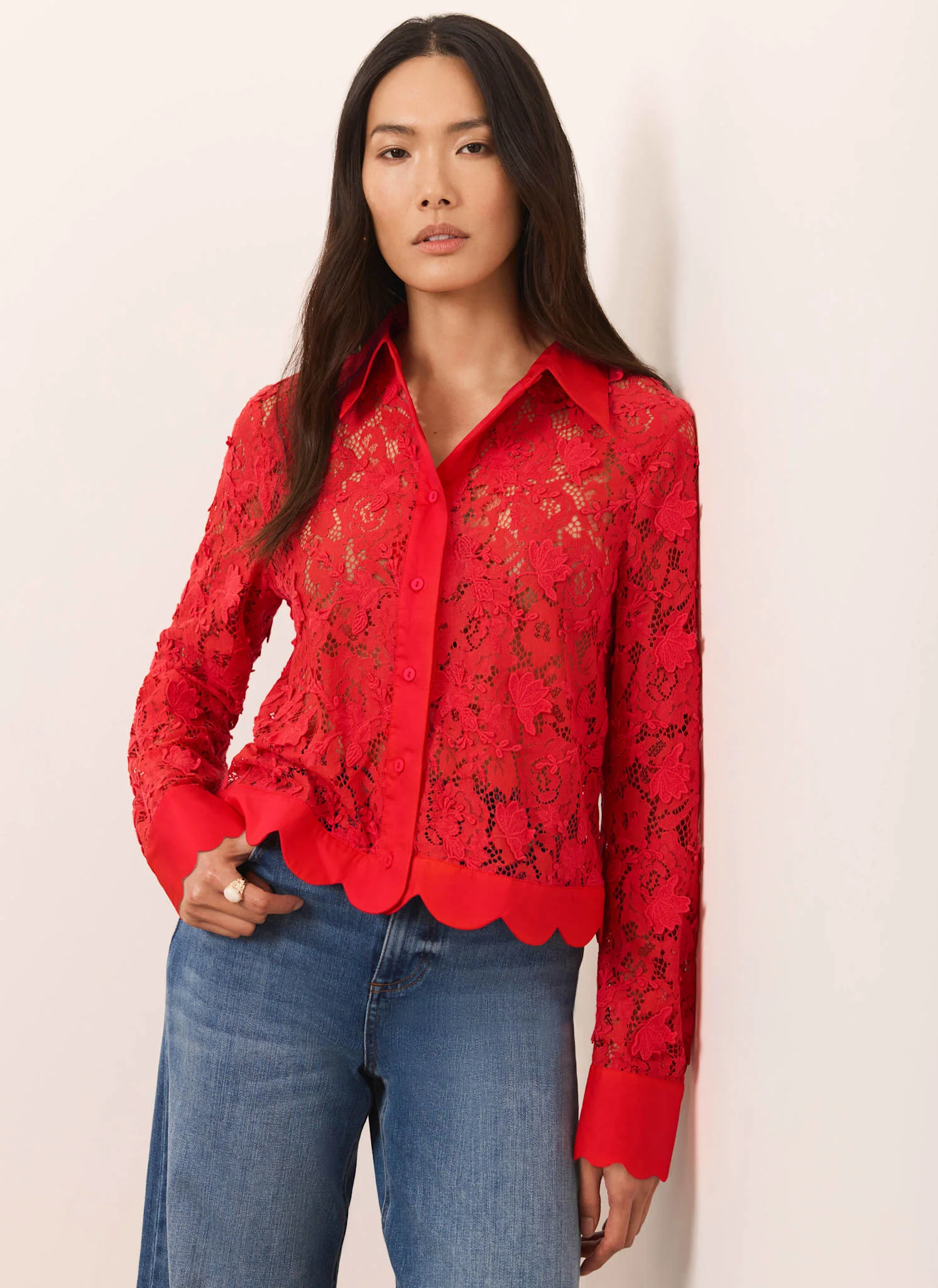 Red Lace Cropped Shirt - Image 3