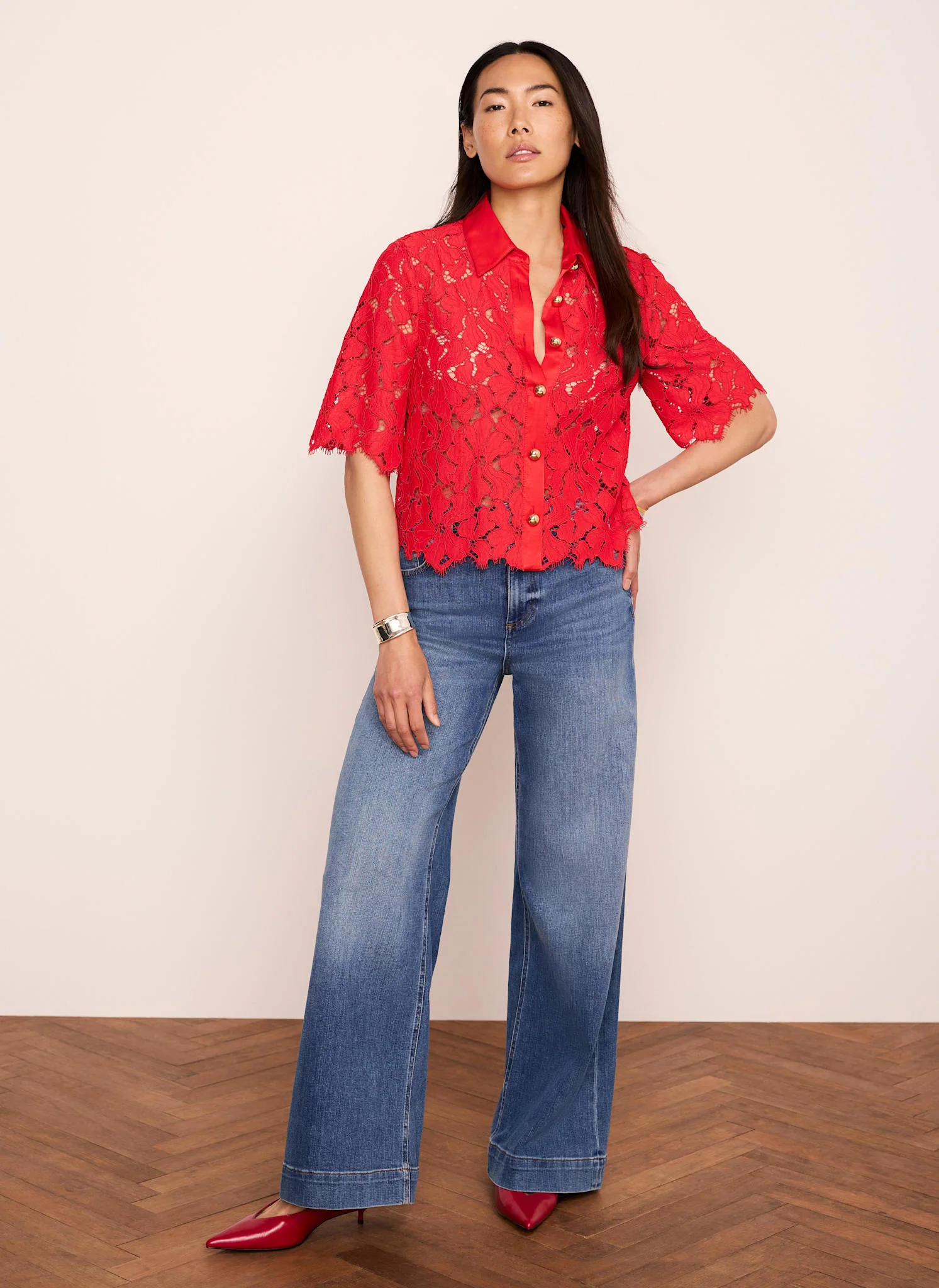Red Lace Short Sleeve Cropped Shirt - Image 2