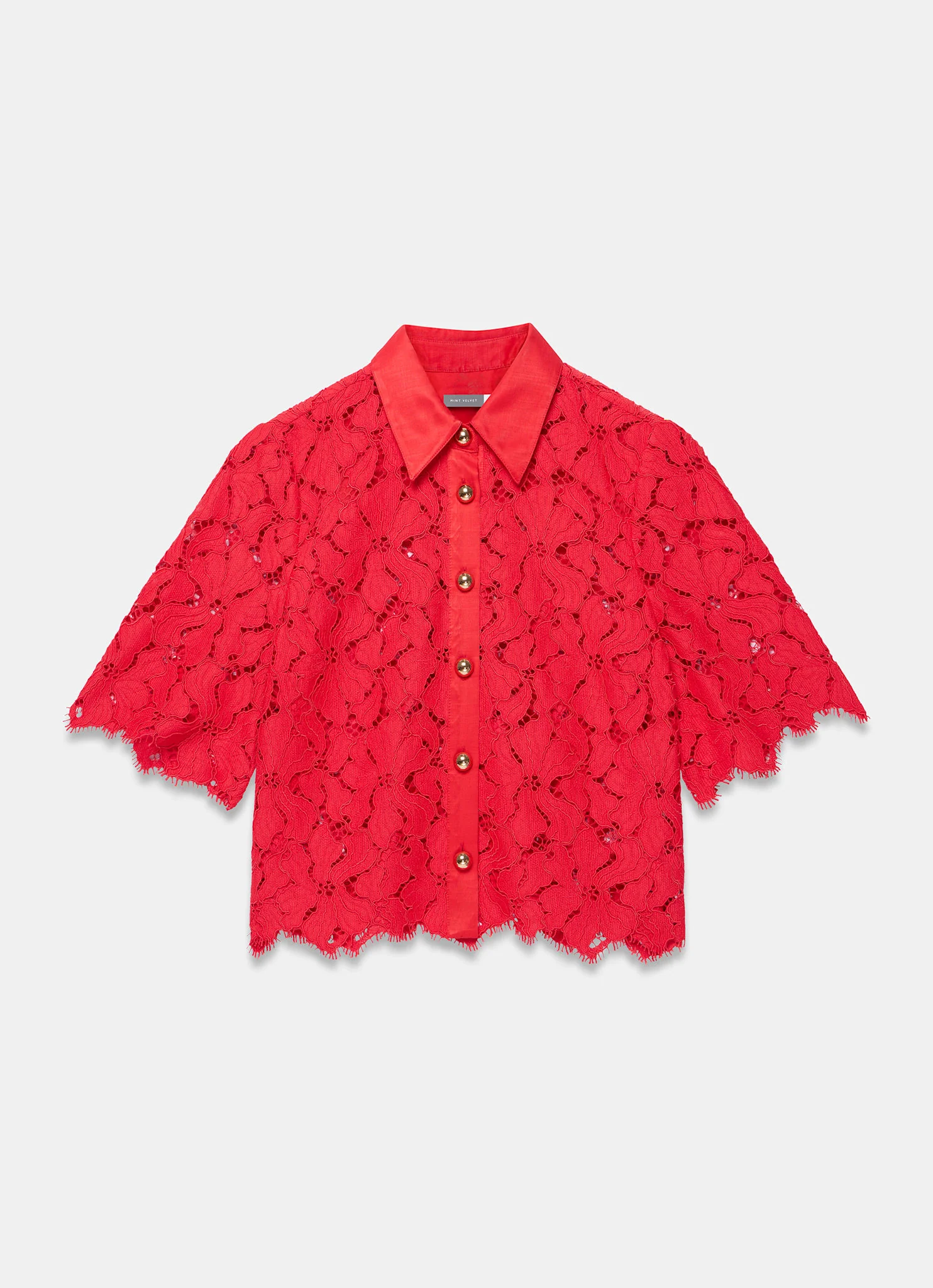 Red Lace Short Sleeve Cropped Shirt - Image 6