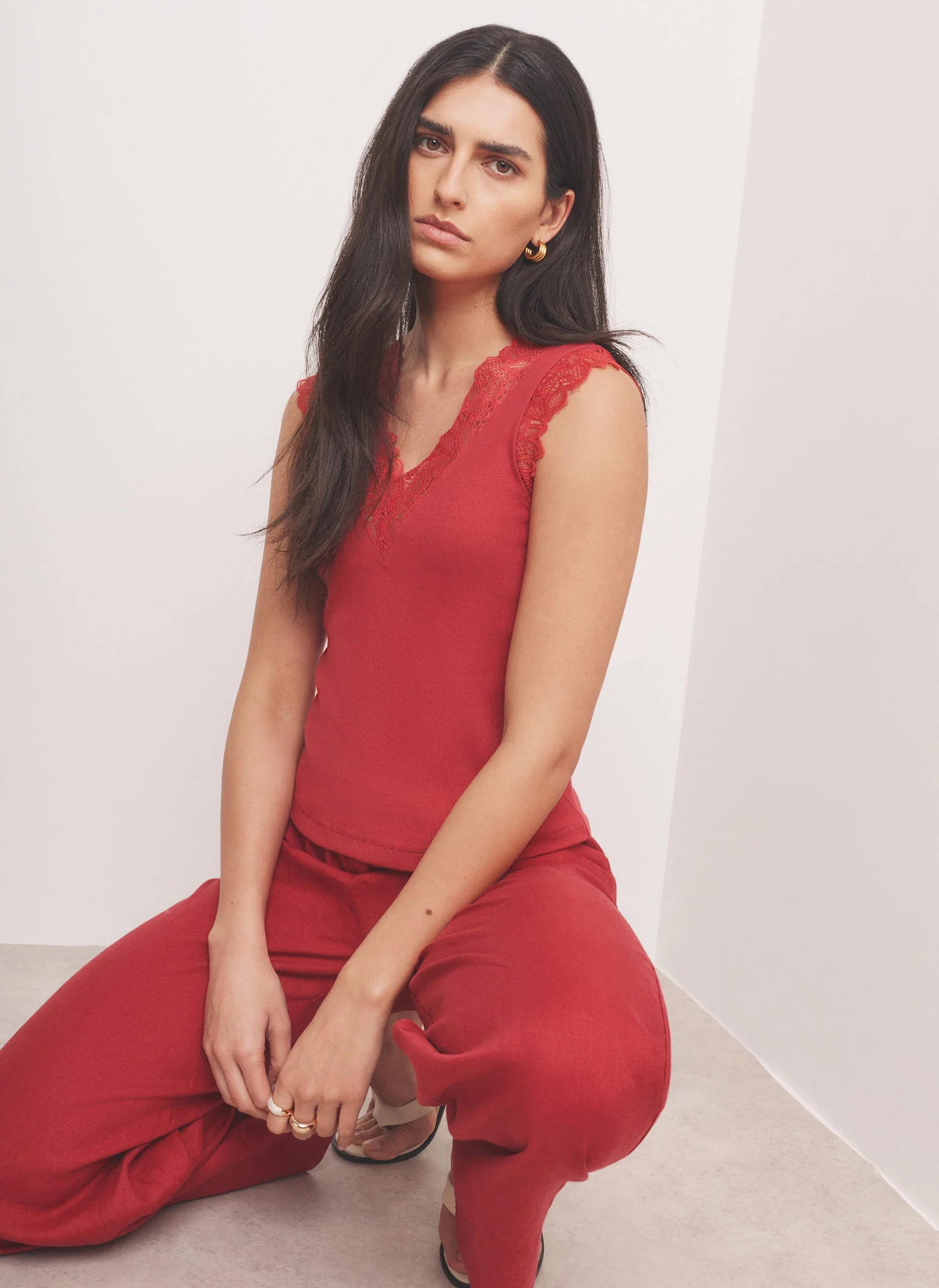 Red Cotton Blend Lace Detail Top - Image 2