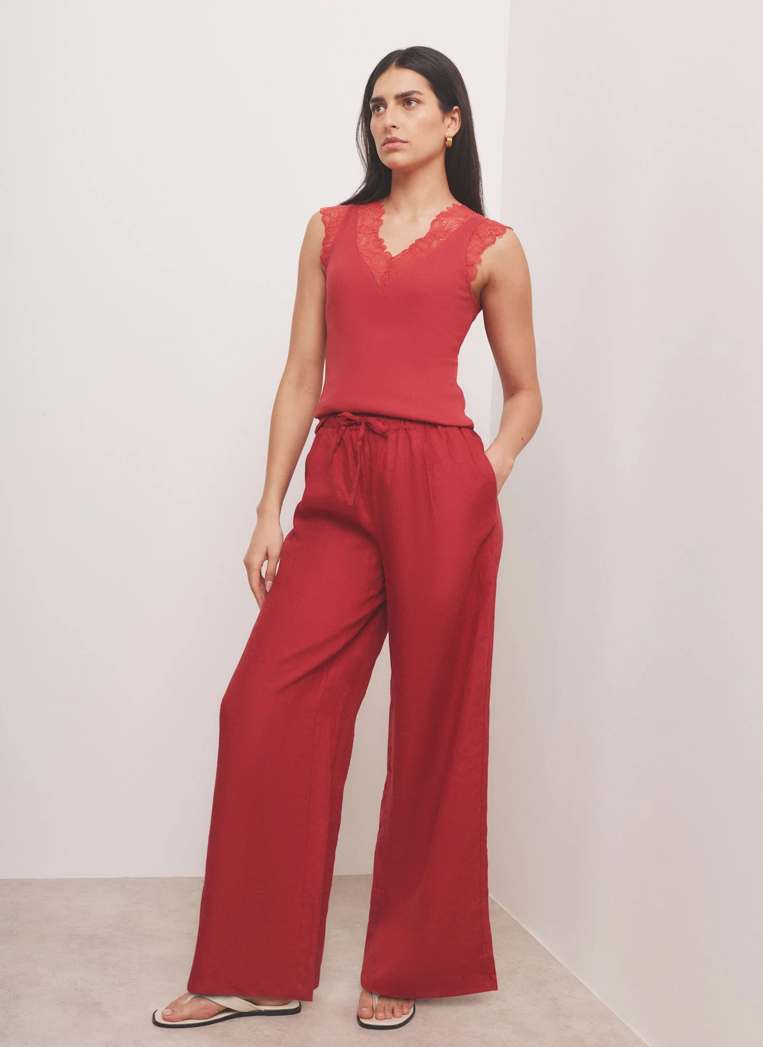 Red Cotton Blend Lace Detail Top - Image 4