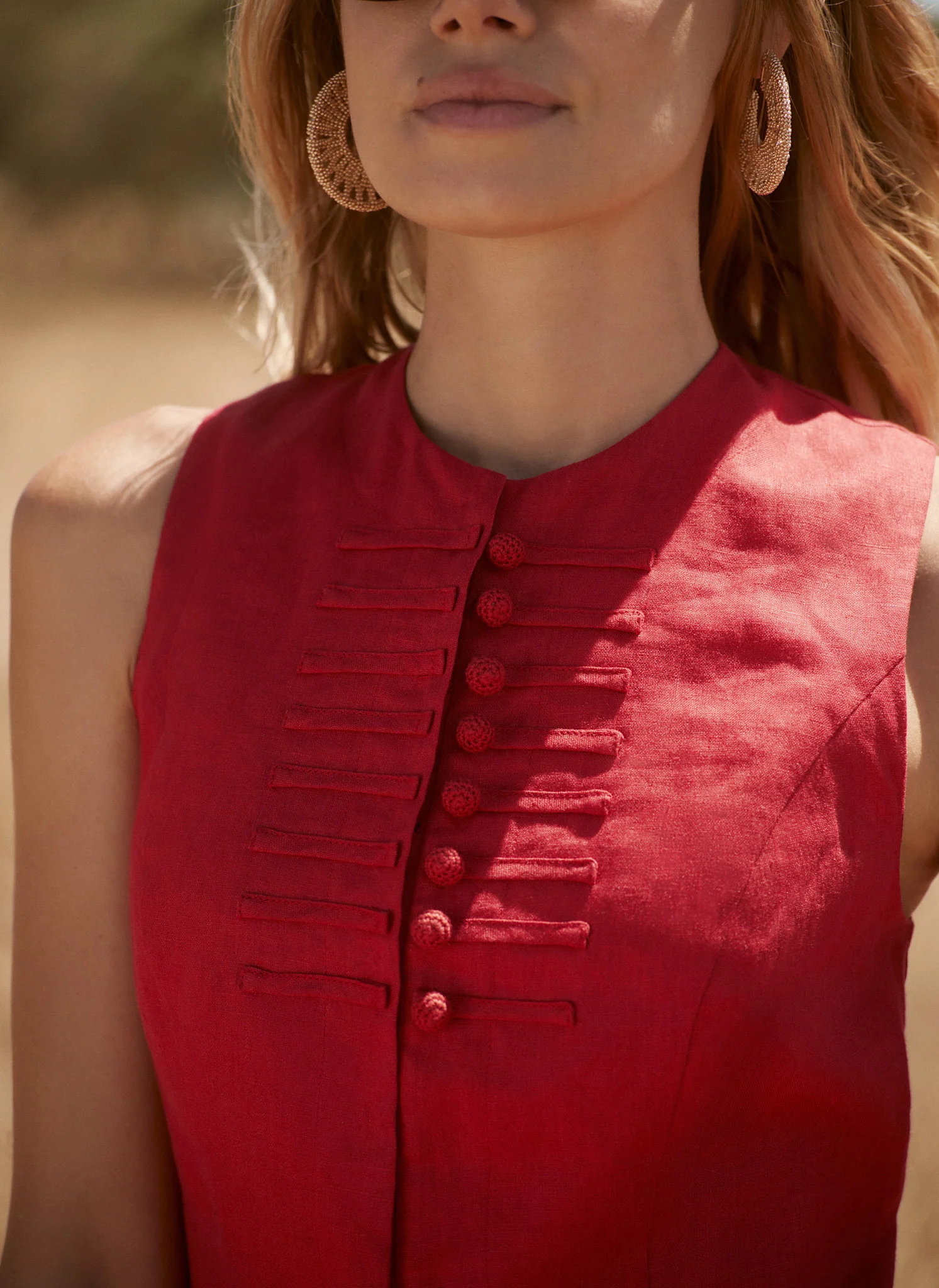 Red Linen Military Trim Top - Image 3