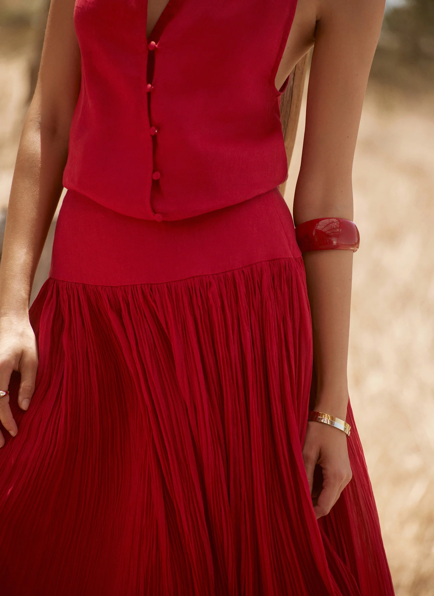 Red Drop Waist Crinkle Midi Skirt - Image 5