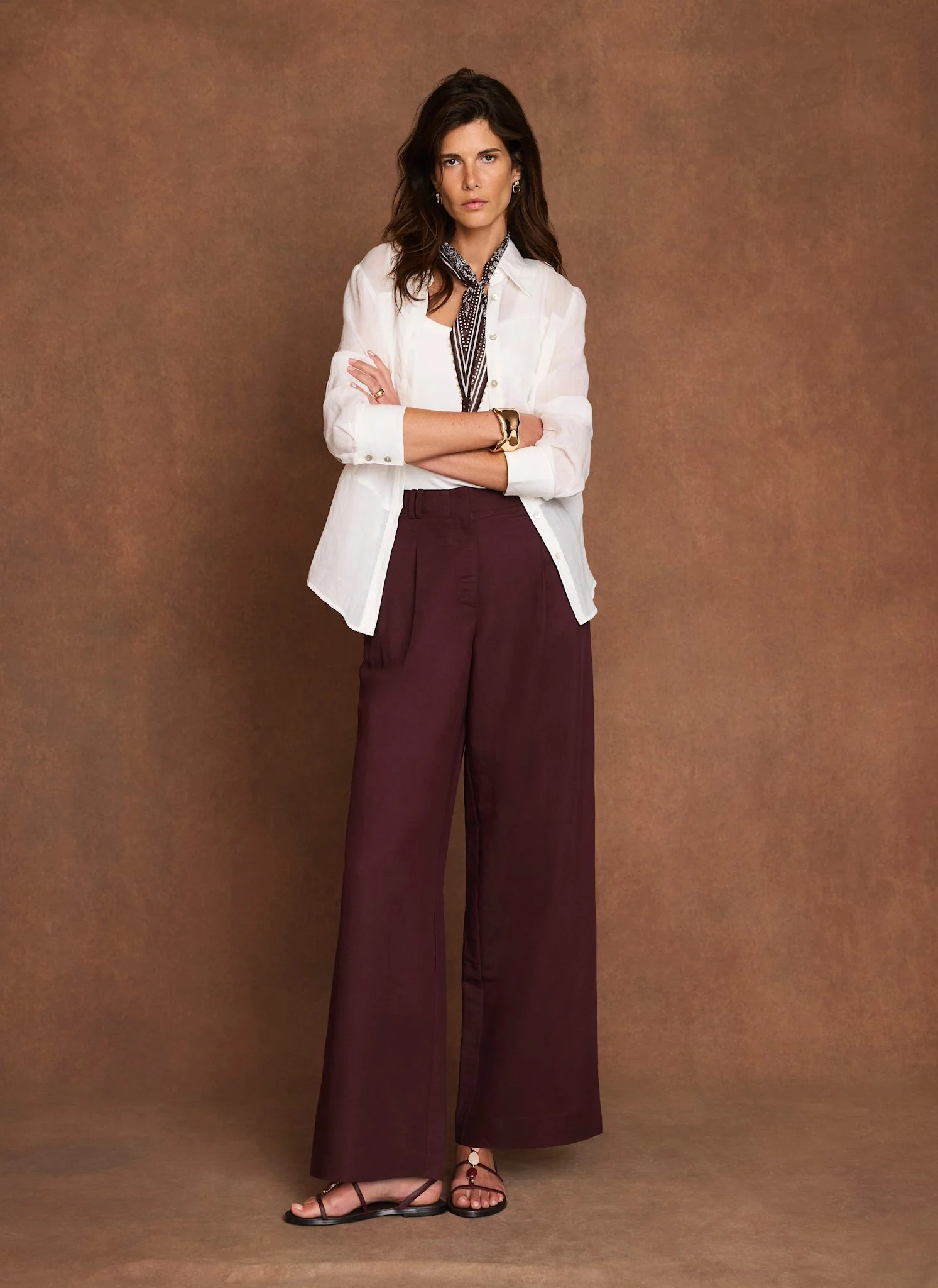 Burgundy Linen Blend Wide Leg Trousers - Image 2