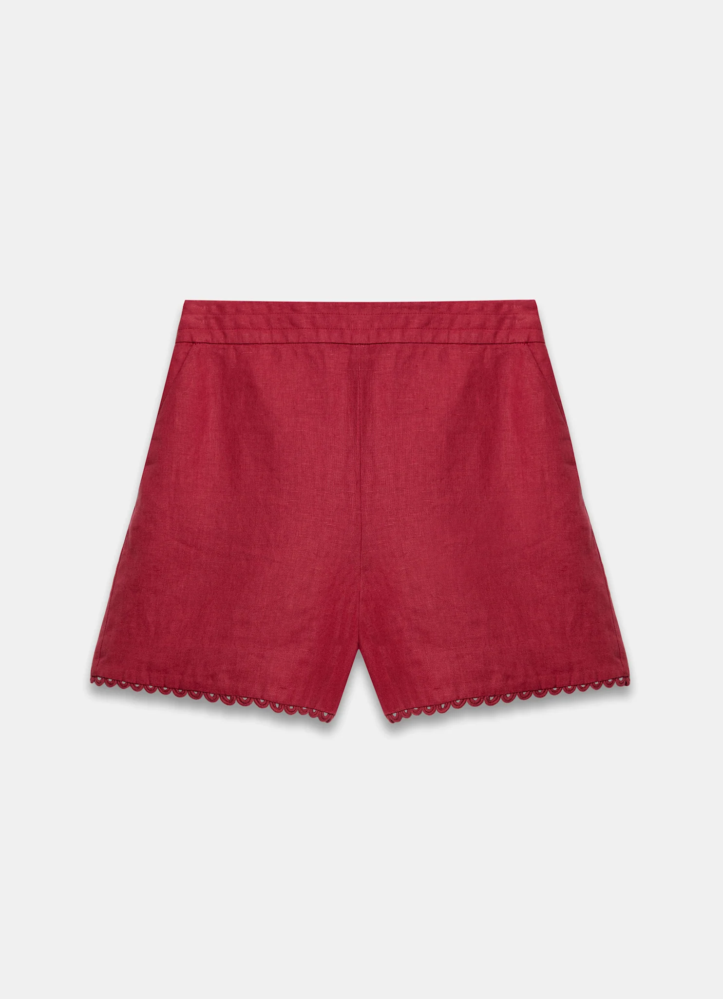 Red Linen Scallop Hem Shorts - Image 6
