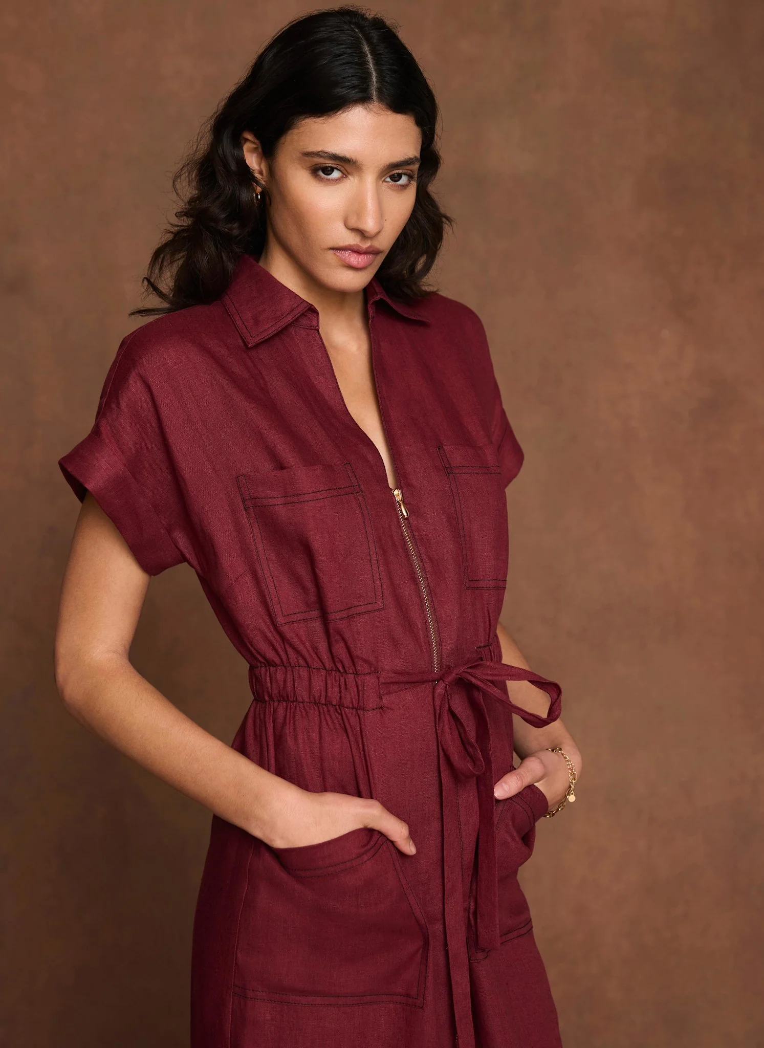 Burgundy Linen Midi Shirt Dress - Image 4
